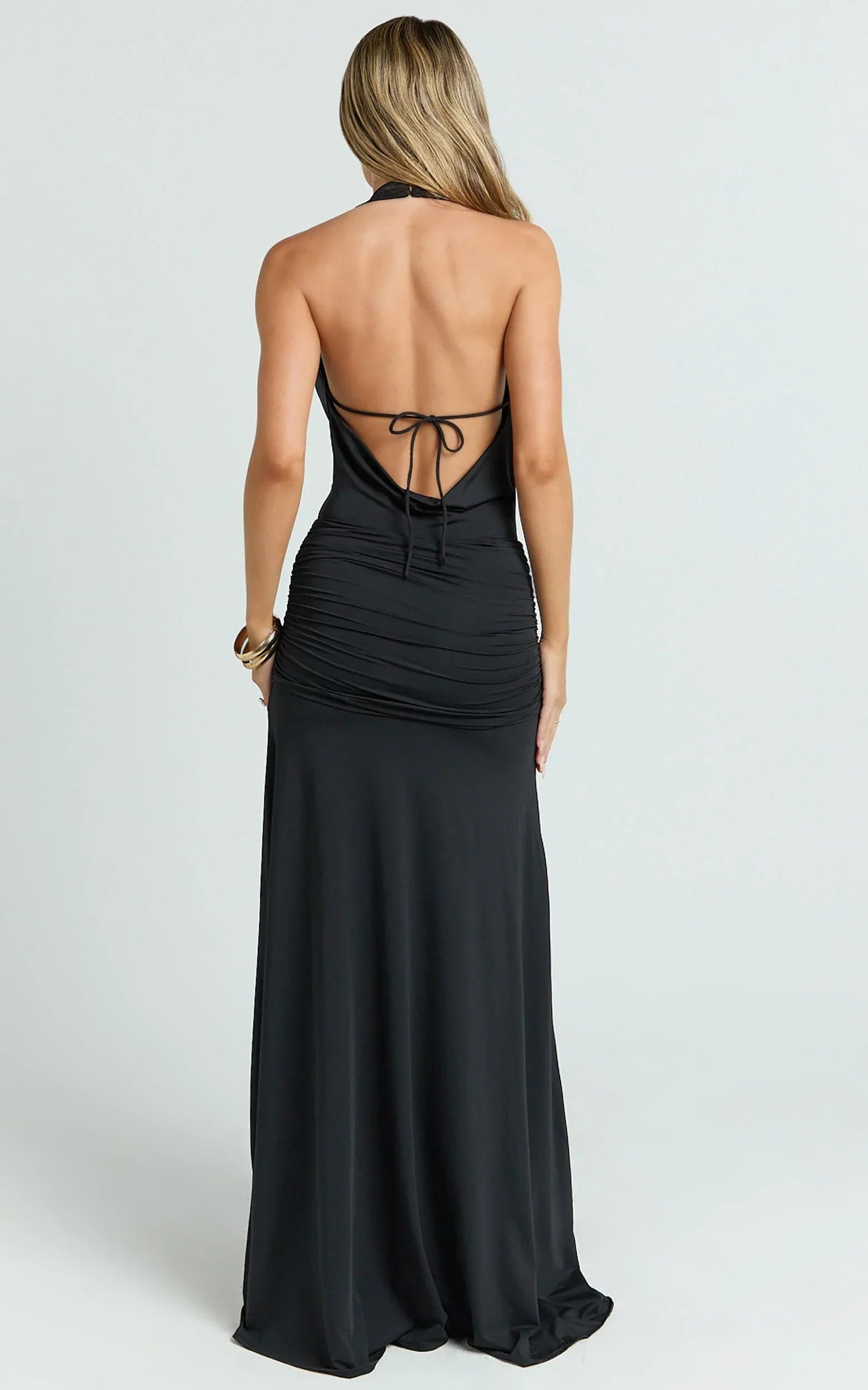 Janice Maxi Dress - Plunge Cowl Halter High Leg Split Dress in Black