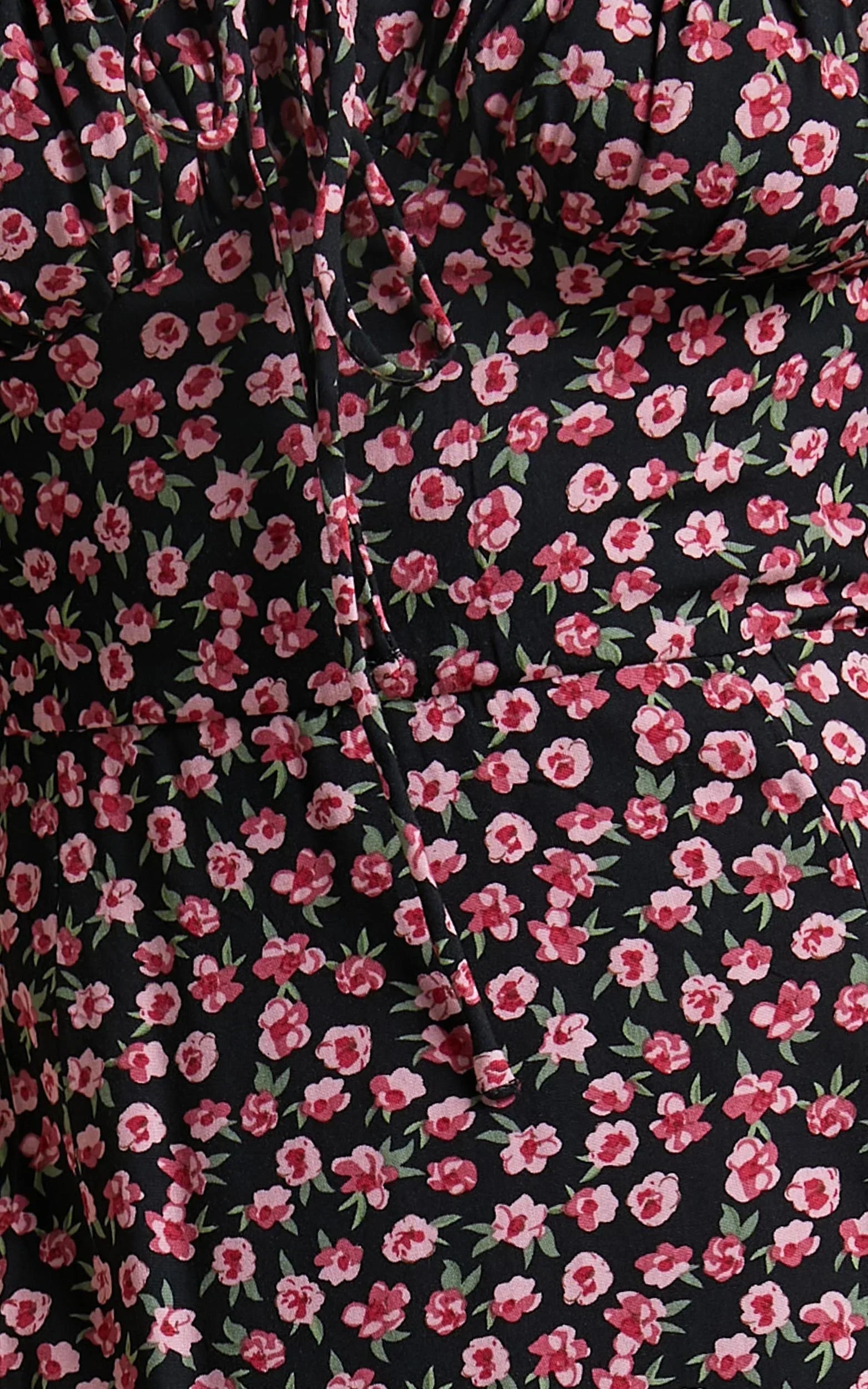 Rosario Midi Dress - Ruched Bust Puff Sleeve Dress in Black Floral