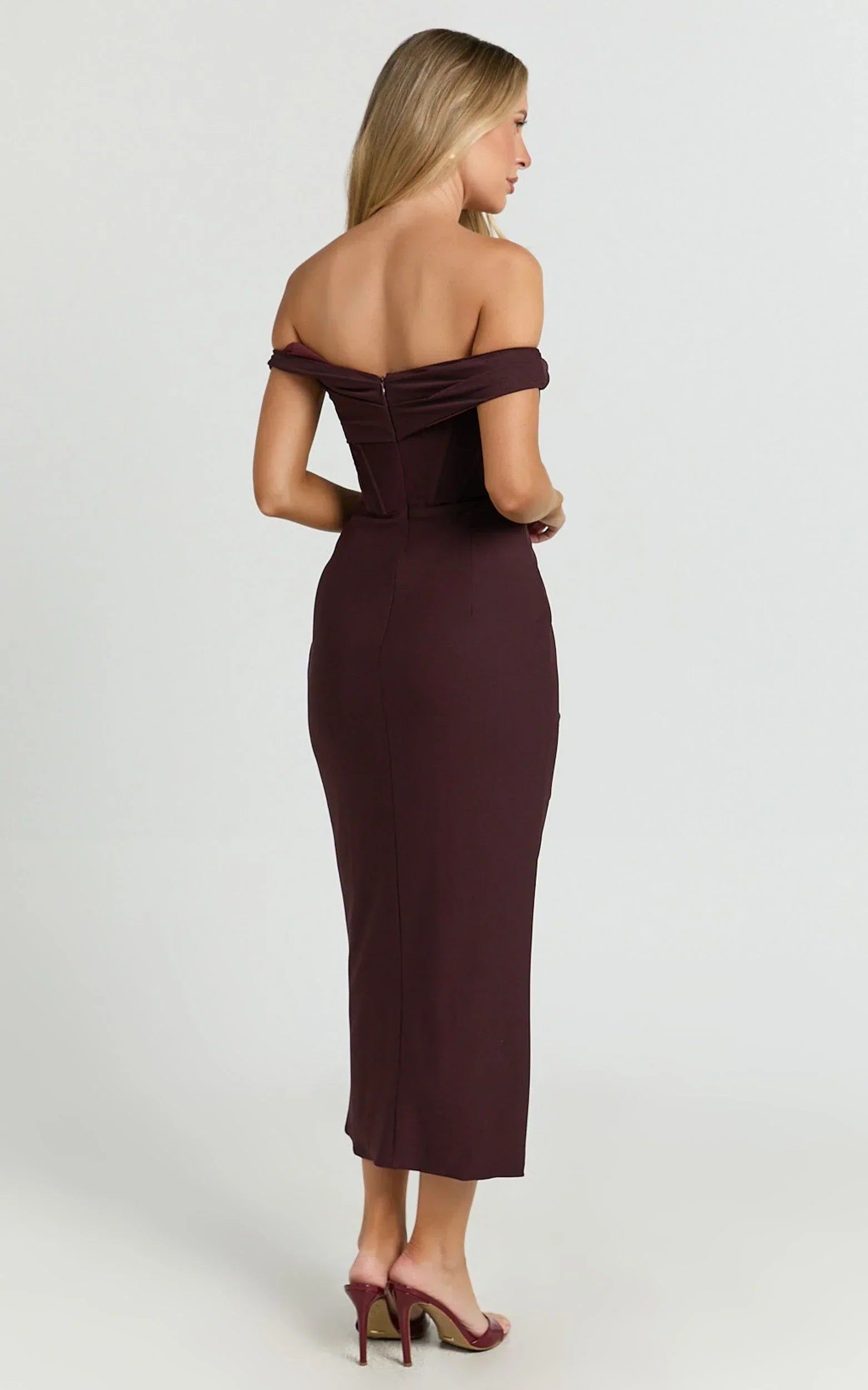 Aidia Midi Dress - Off Shoulder Draped Corset Dress in Burgundy