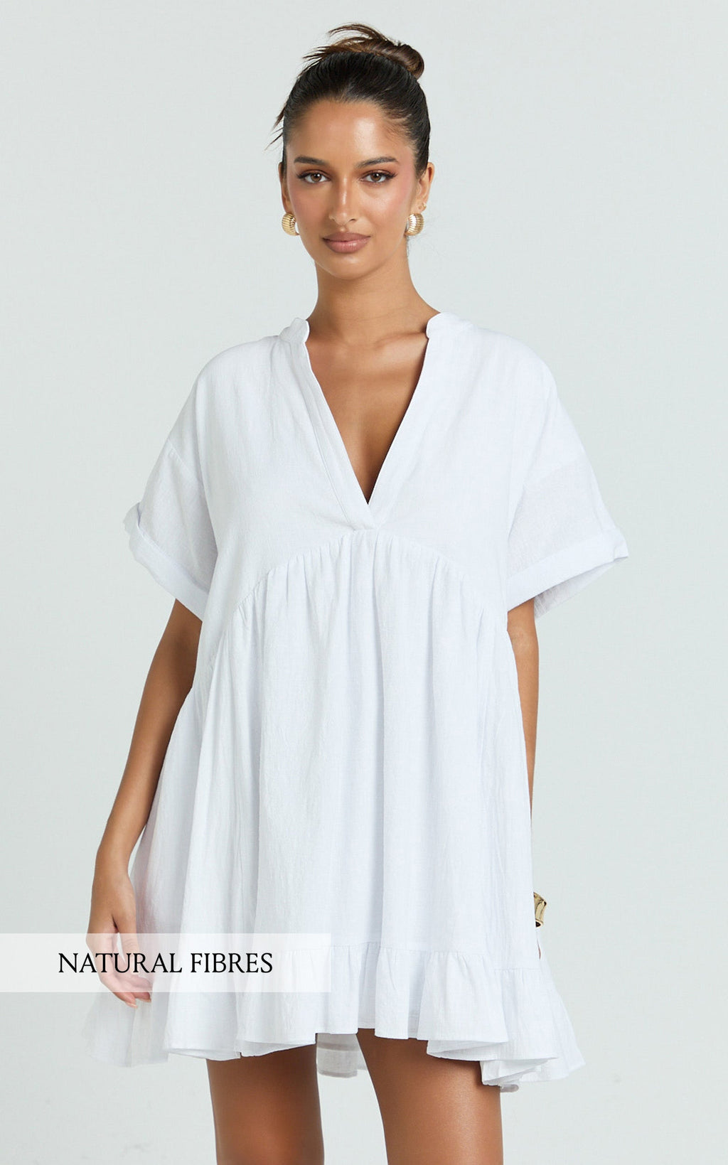 Calissa Mini Dress - Frill Hem Smock Dress in White