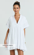 Calissa Mini Dress - Frill Hem Smock Dress in White