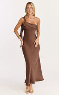 Calix Midi Dress - One Shoulder Slip Dress in Chocolate