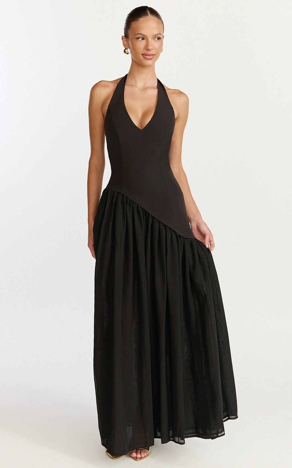 Calla Maxi Dress - Halter Neck Asymmetric Dropped Waist Dress in Black