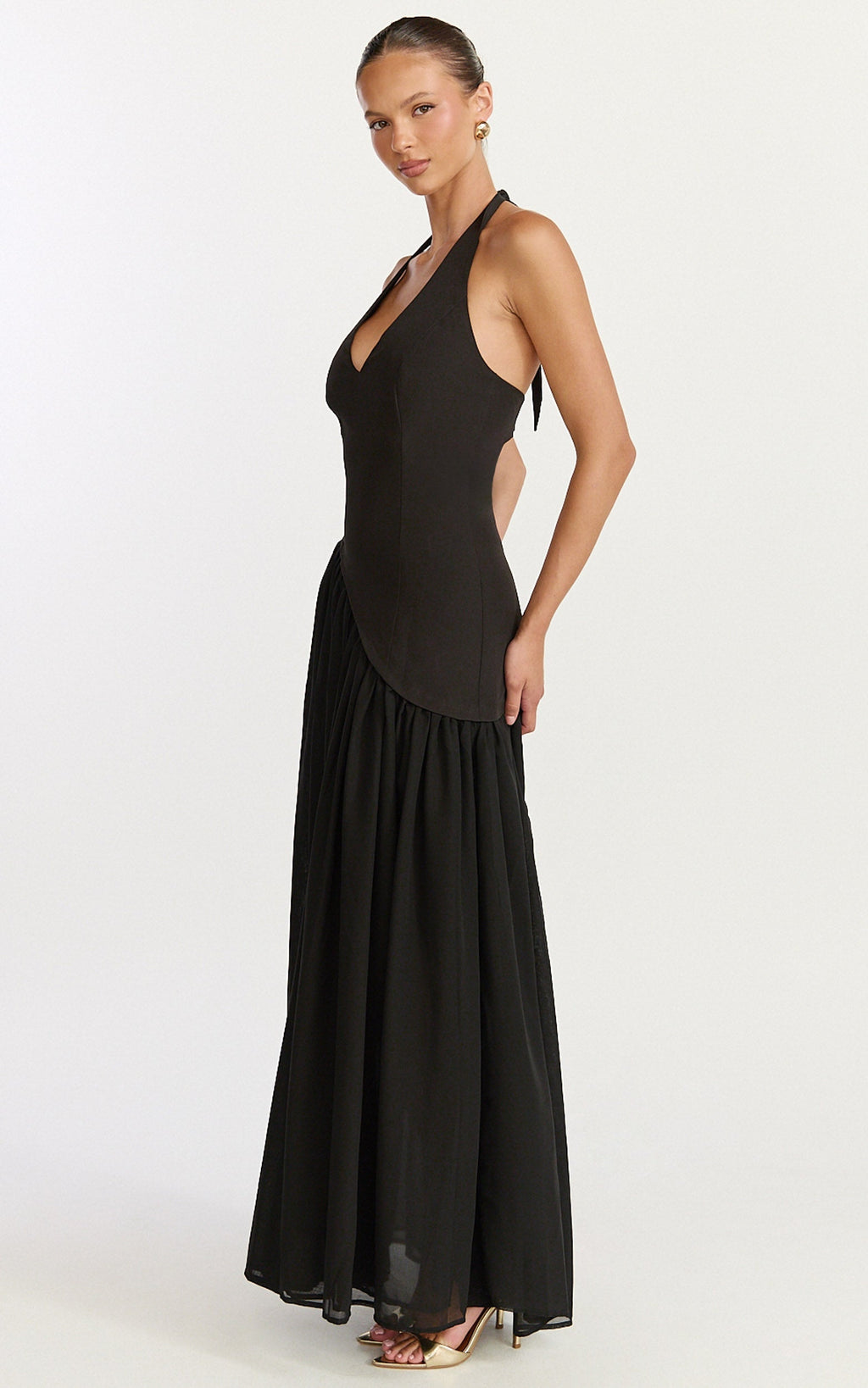 Calla Maxi Dress - Halter Neck Asymmetric Dropped Waist Dress in Black