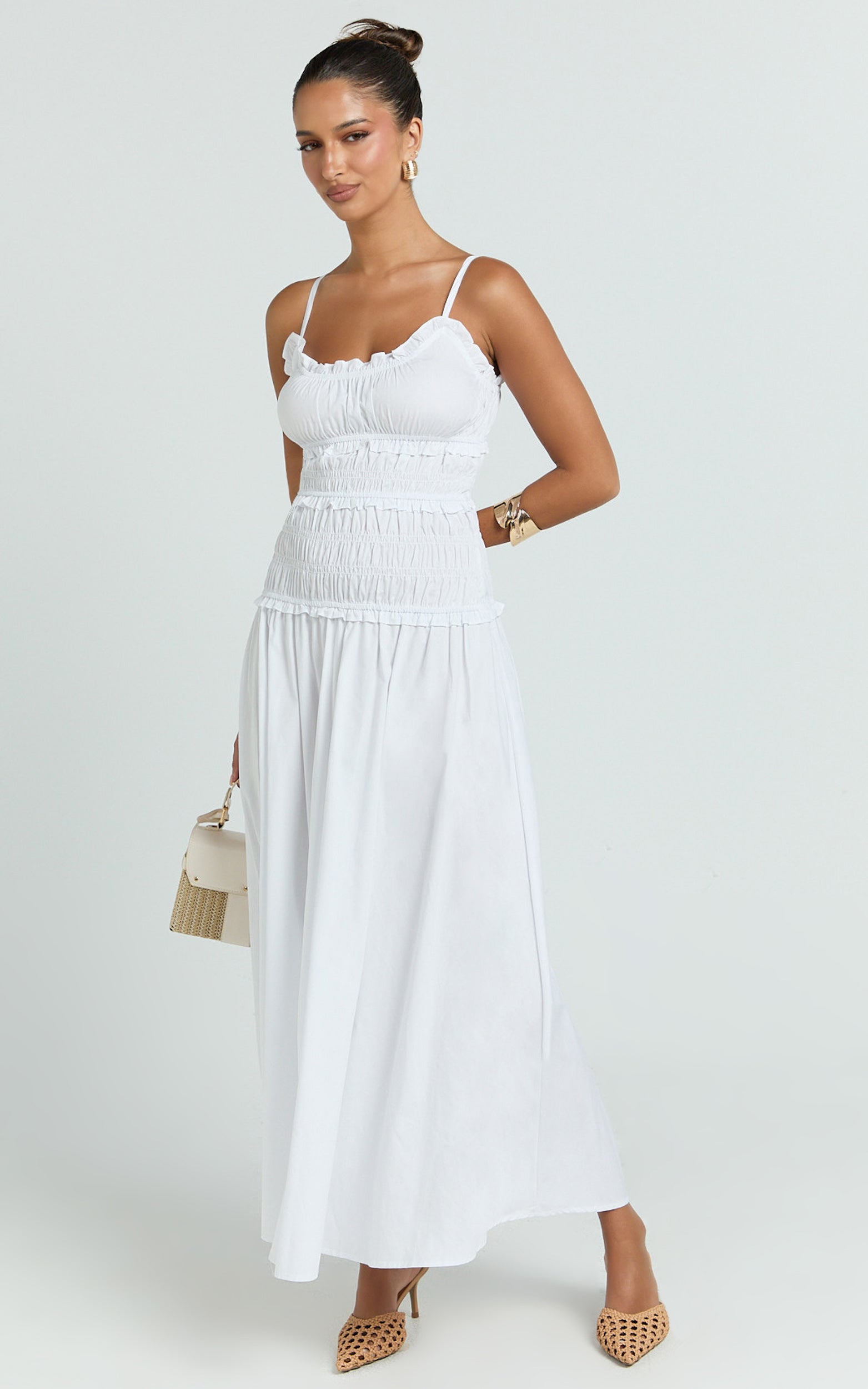 Cami Midi Dress - Rushed Bodice Dress in White