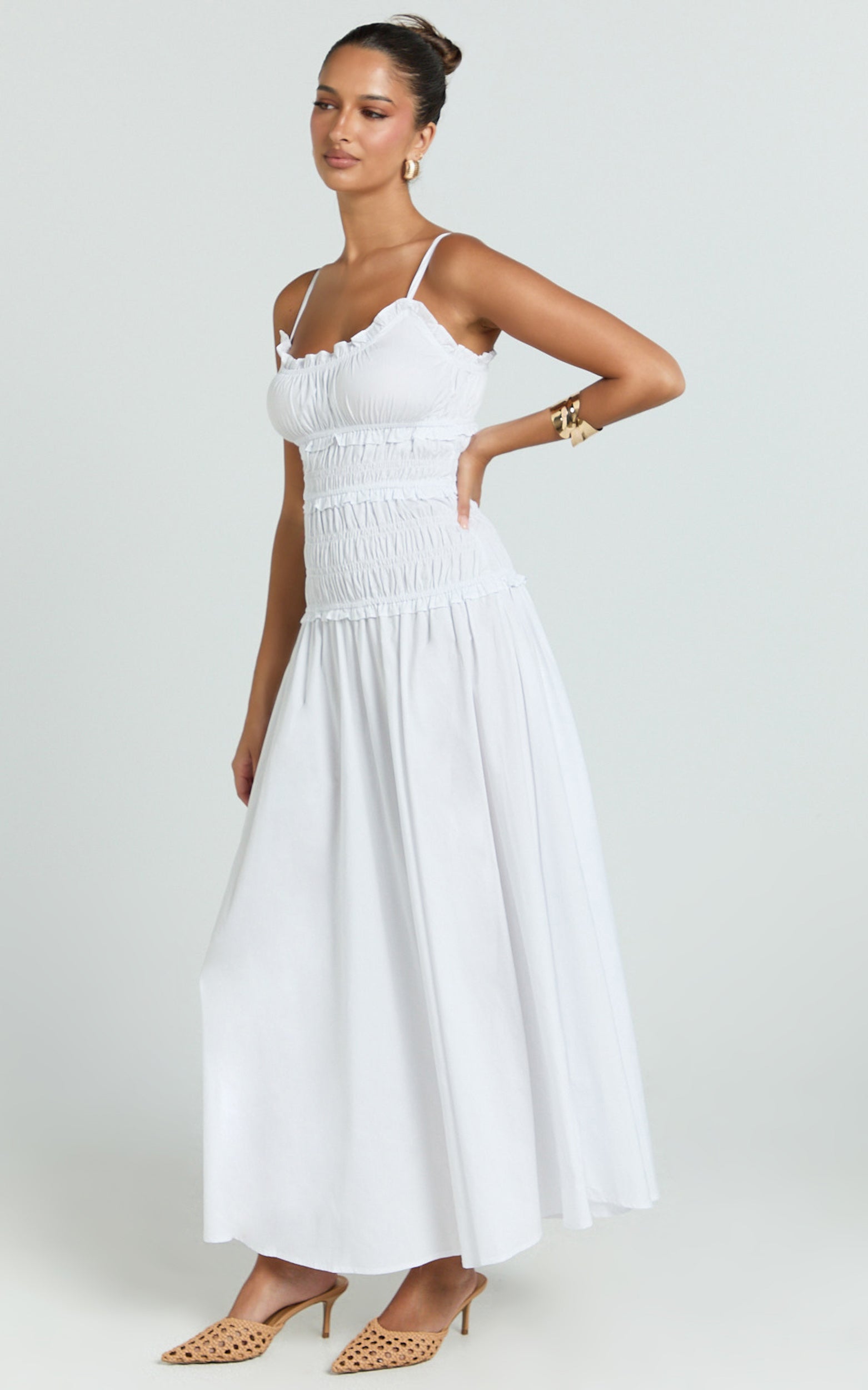 Cami Midi Dress - Rushed Bodice Dress in White