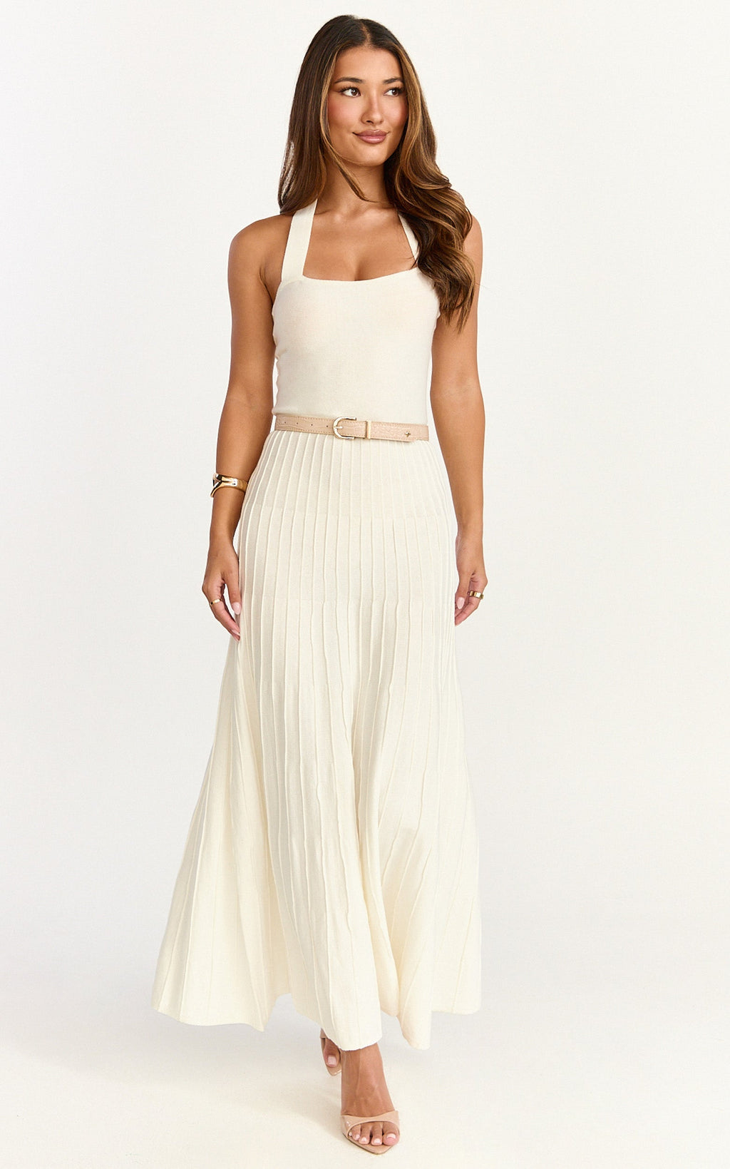 Candace Midi Dress - Halter Neck Ribbed Knit Dress in Cream