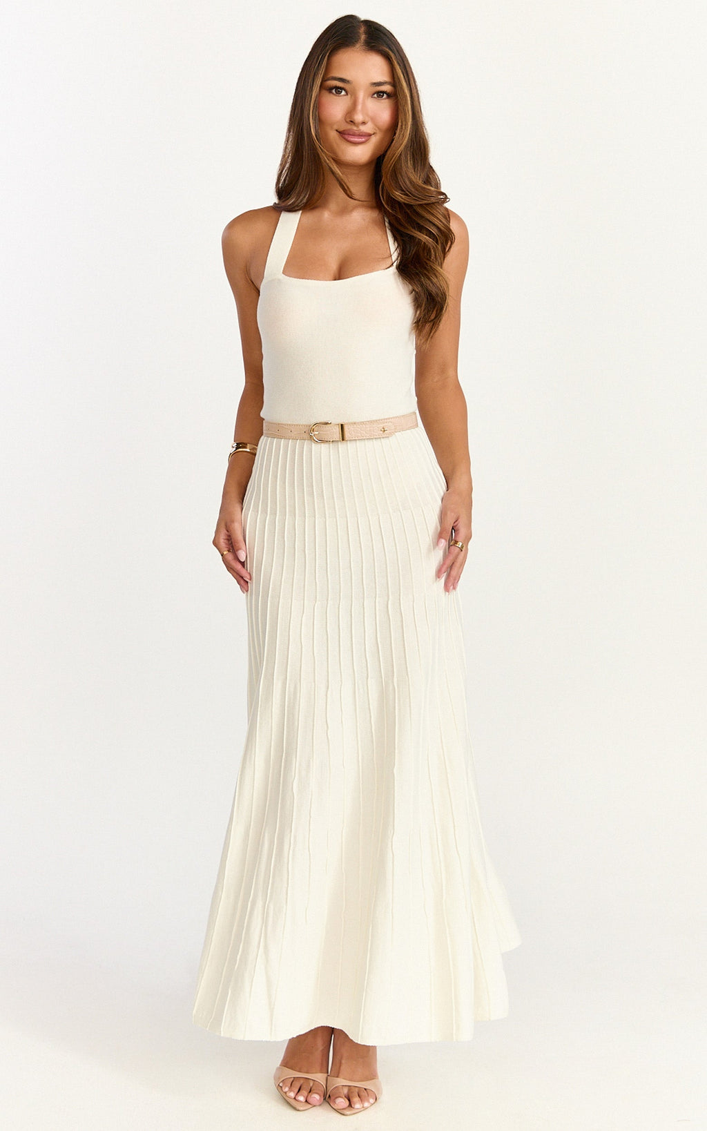 Candace Midi Dress - Halter Neck Ribbed Knit Dress in Cream
