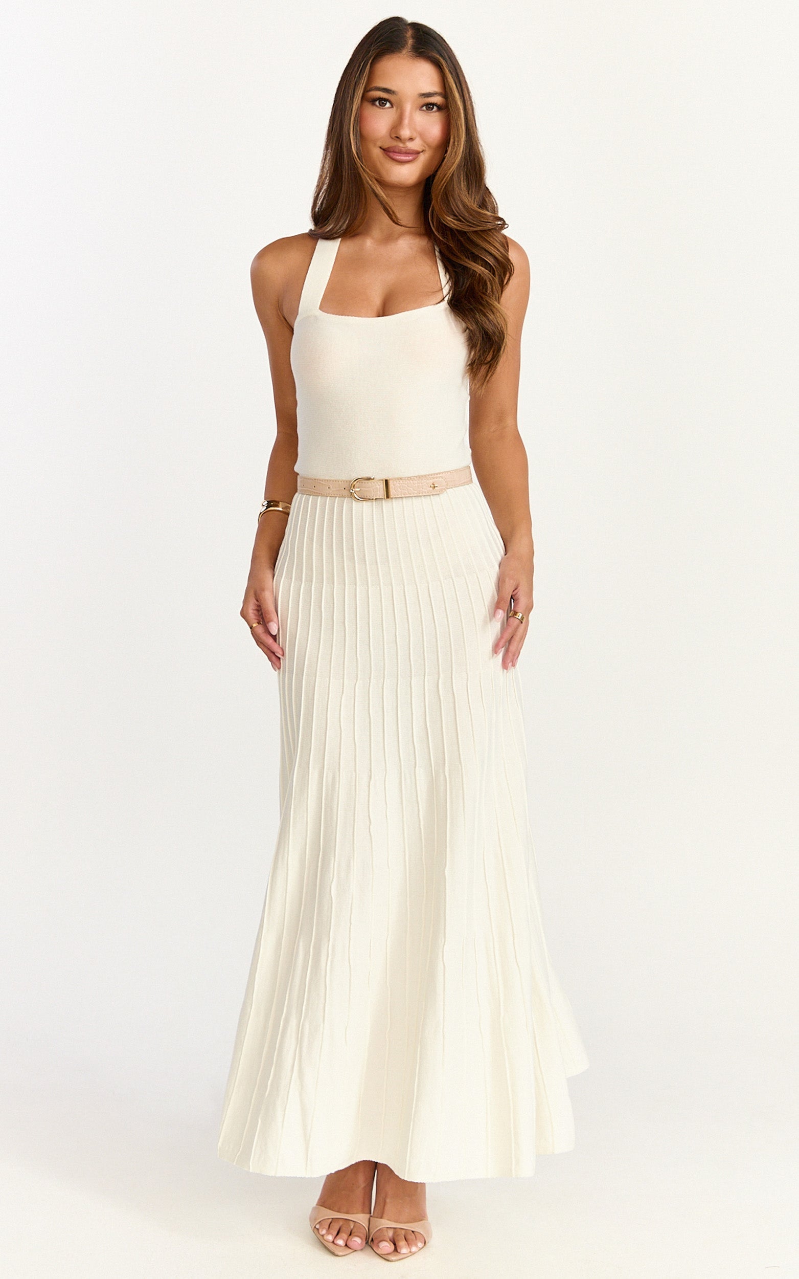 Candace Midi Dress - Halter Neck Ribbed Knit Dress in Cream