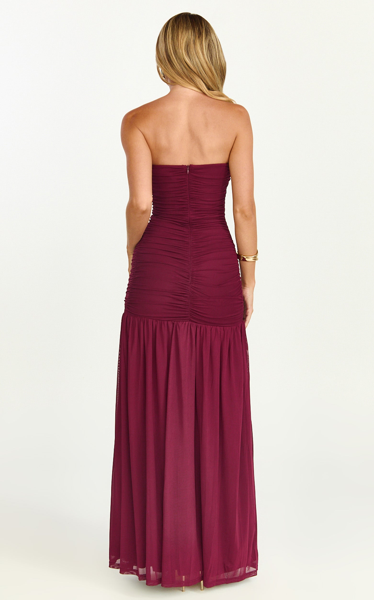 Lara Maxi Dress - Strapless Ruched Mesh High Leg Split Dress in Wine