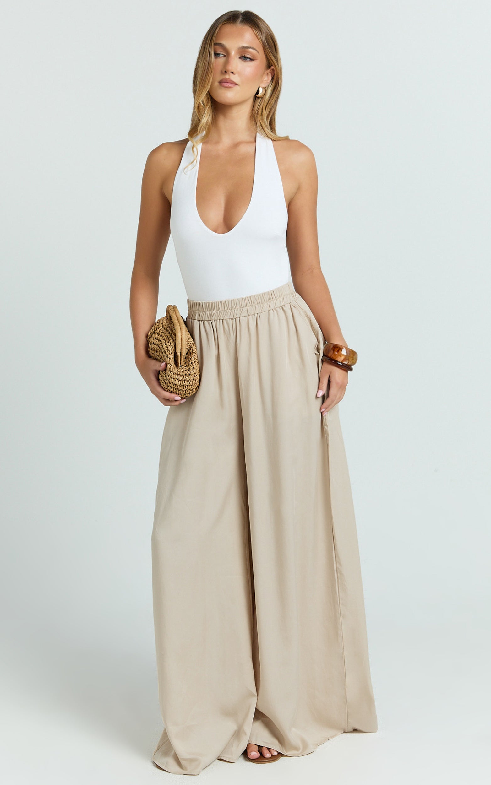 Cardi Pants - High Waist Elastic Wide Leg Pants in Stone