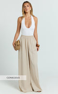 Cardi Pants - High Waist Elastic Wide Leg Pants in Stone