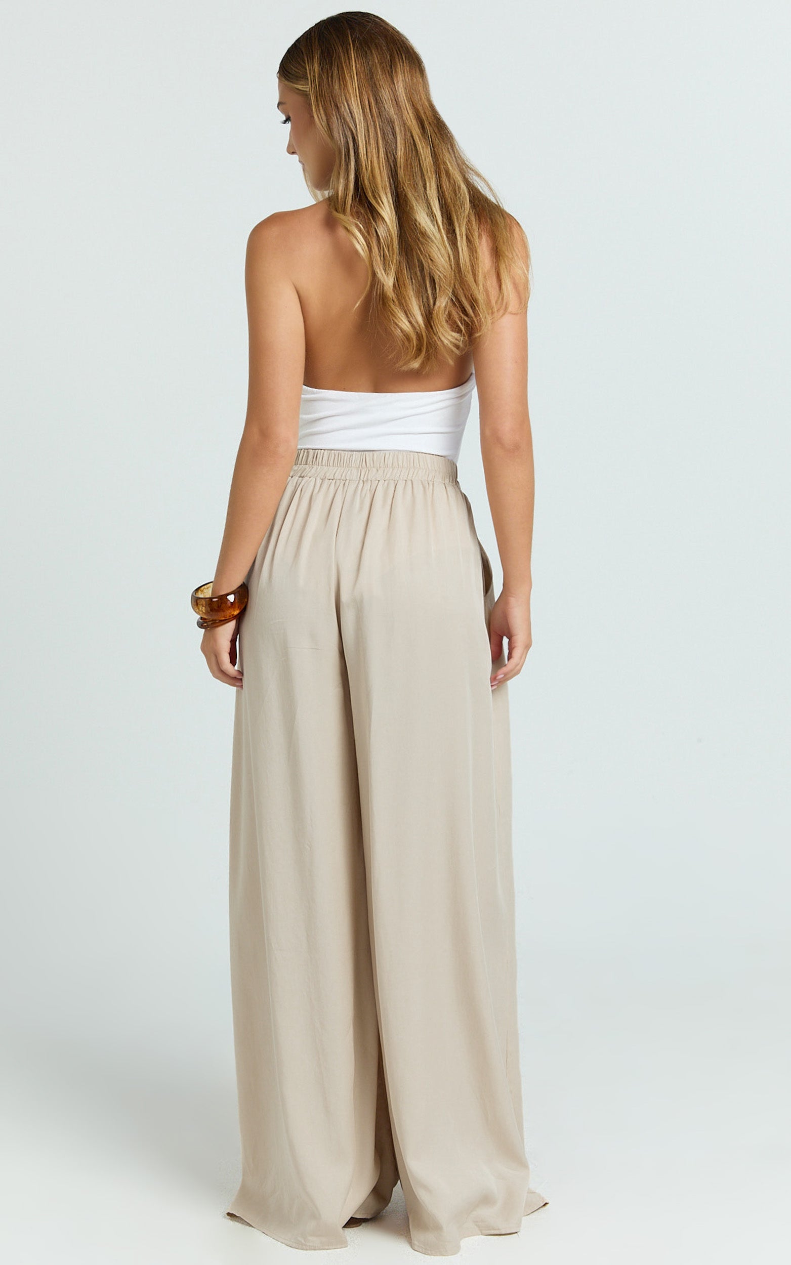 Cardi Pants - High Waist Elastic Wide Leg Pants in Stone