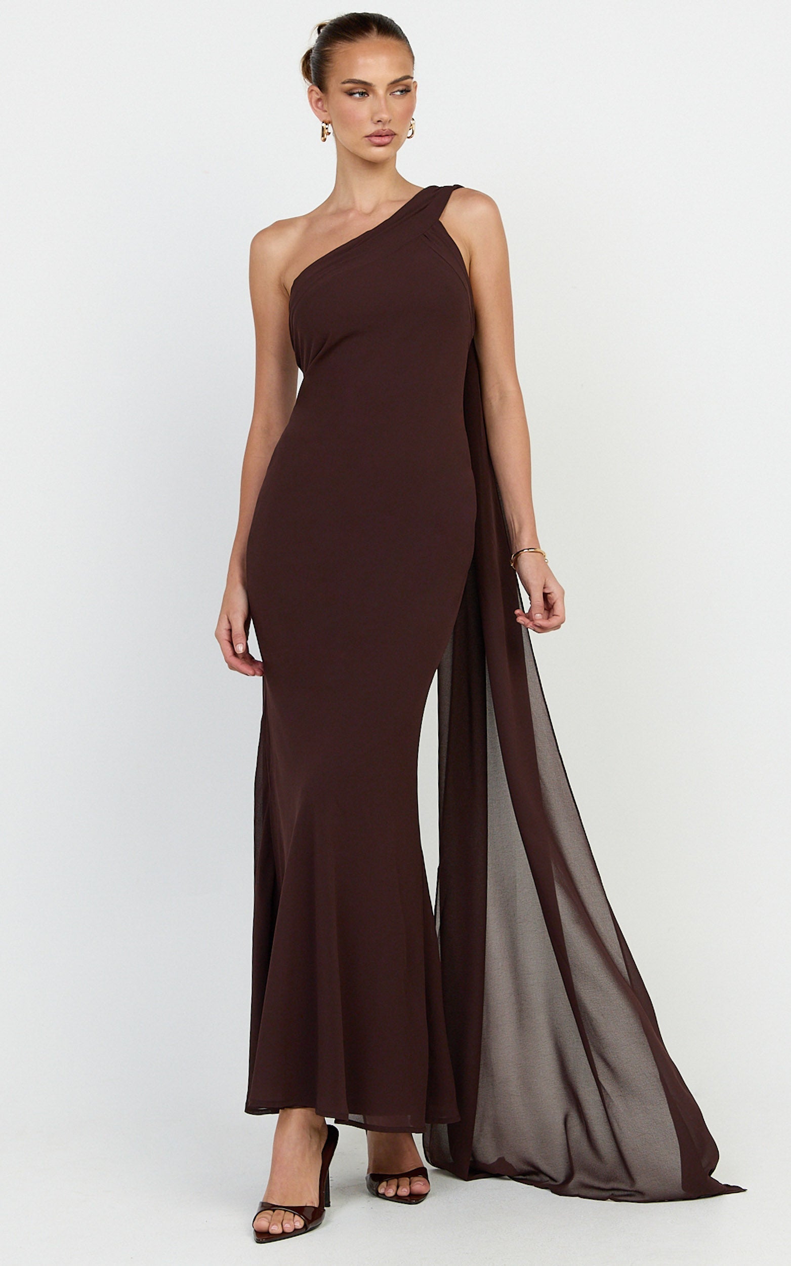 Carmilla  Maxi Dress - One Shoulder Scarf Dress in Chocolate