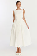 Casina Midi Dress - Boat Neck Tie Back Fit And Flare Dress in Off White