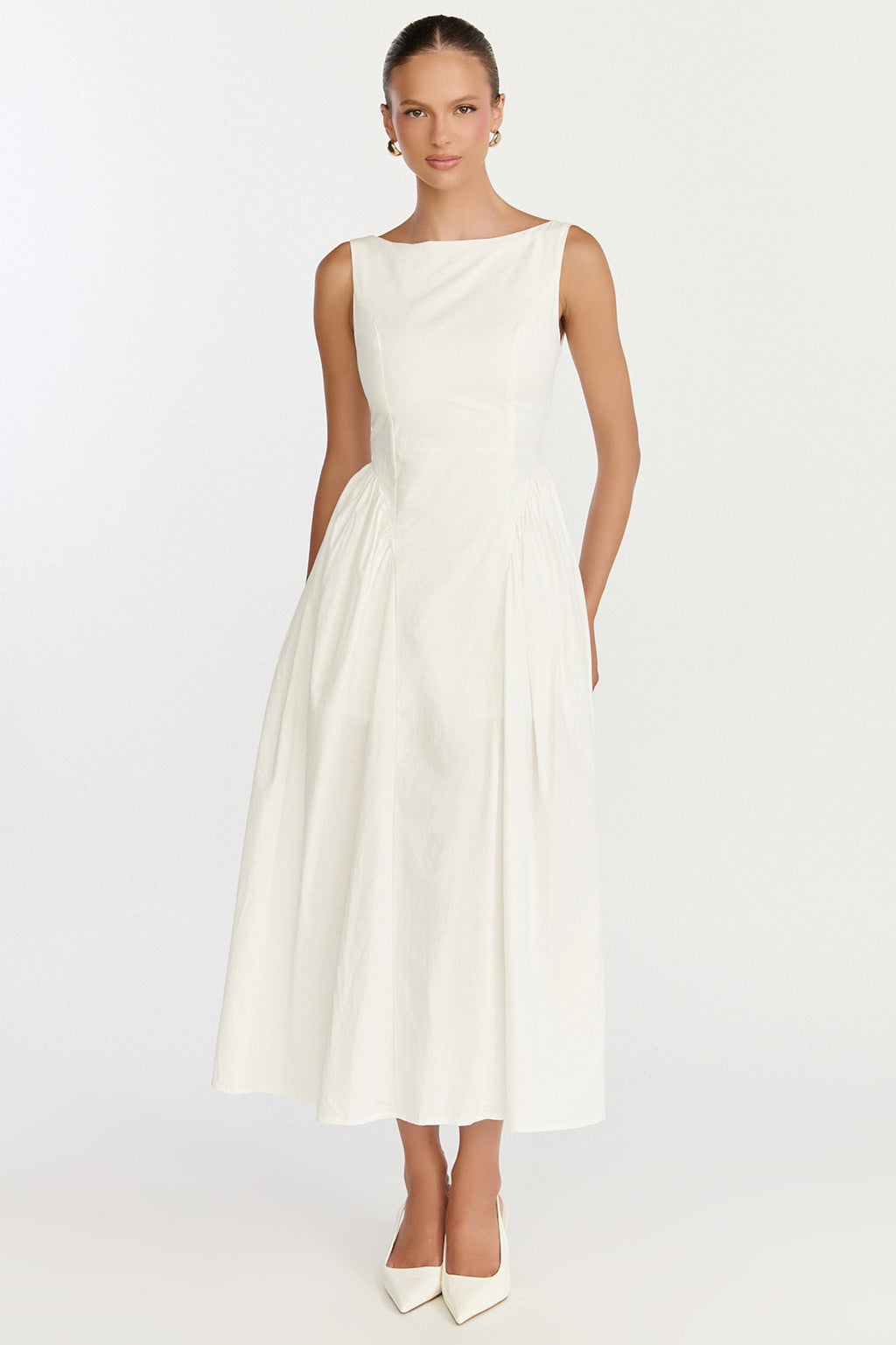Casina Midi Dress - Boat Neck Tie Back Fit And Flare Dress in Off White