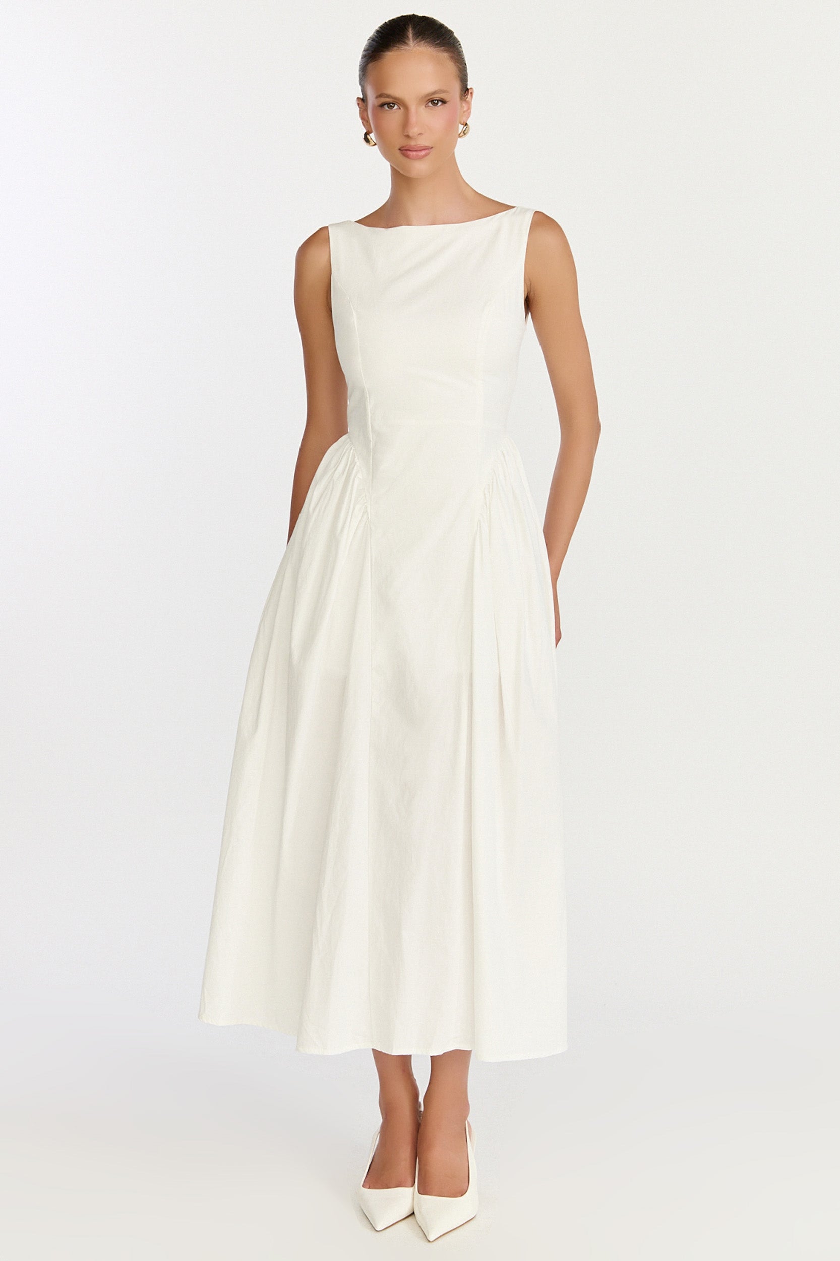 Casina Midi Dress - Boat Neck Tie Back Fit And Flare Dress in Off White