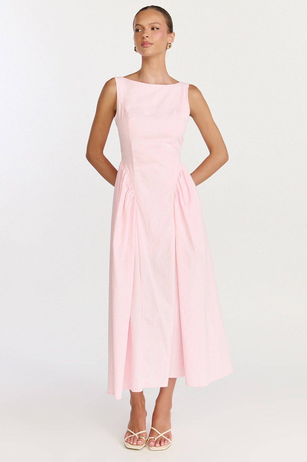 Casina Midi Dress - Boat Neck Tie Back Fit And Flare Dress in Pale Pink