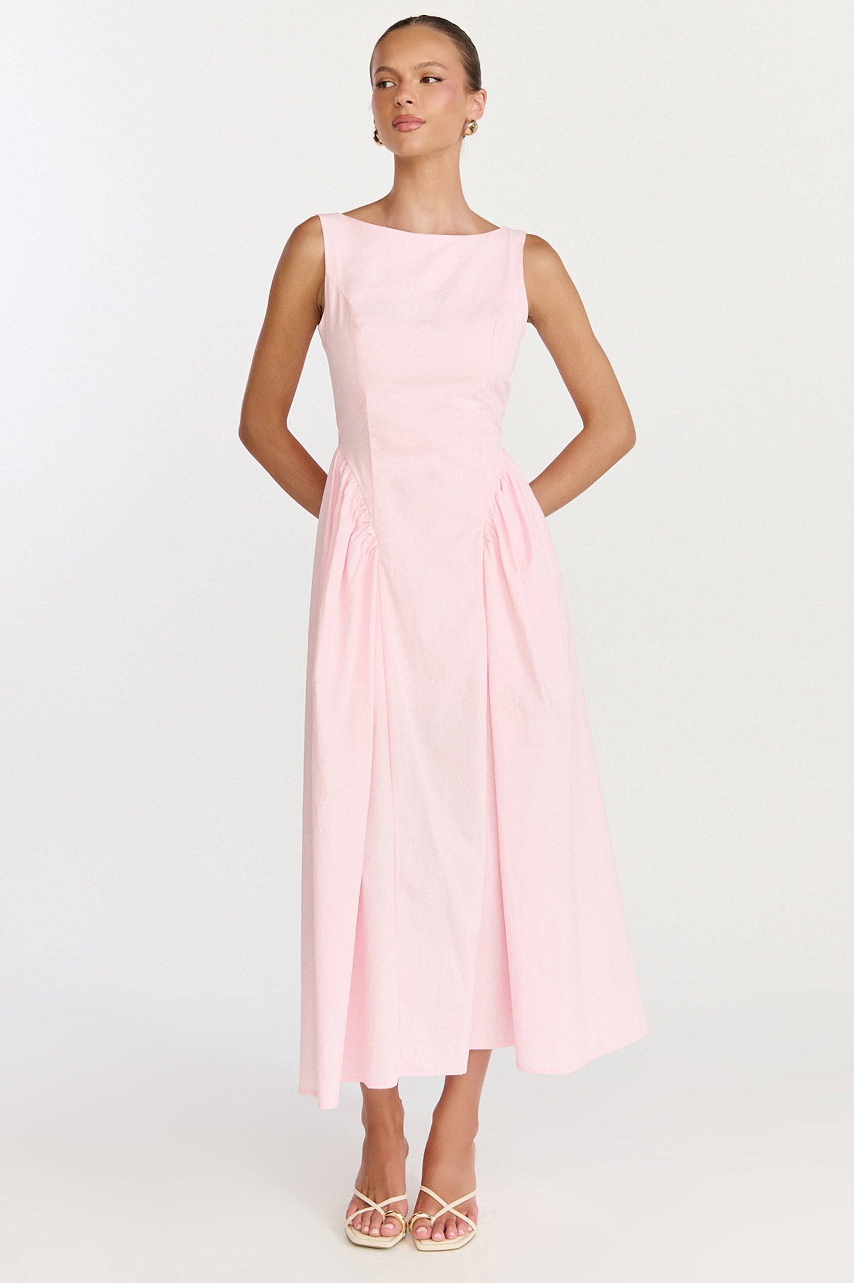 Casina Midi Dress - Boat Neck Tie Back Fit And Flare Dress in Pale Pink