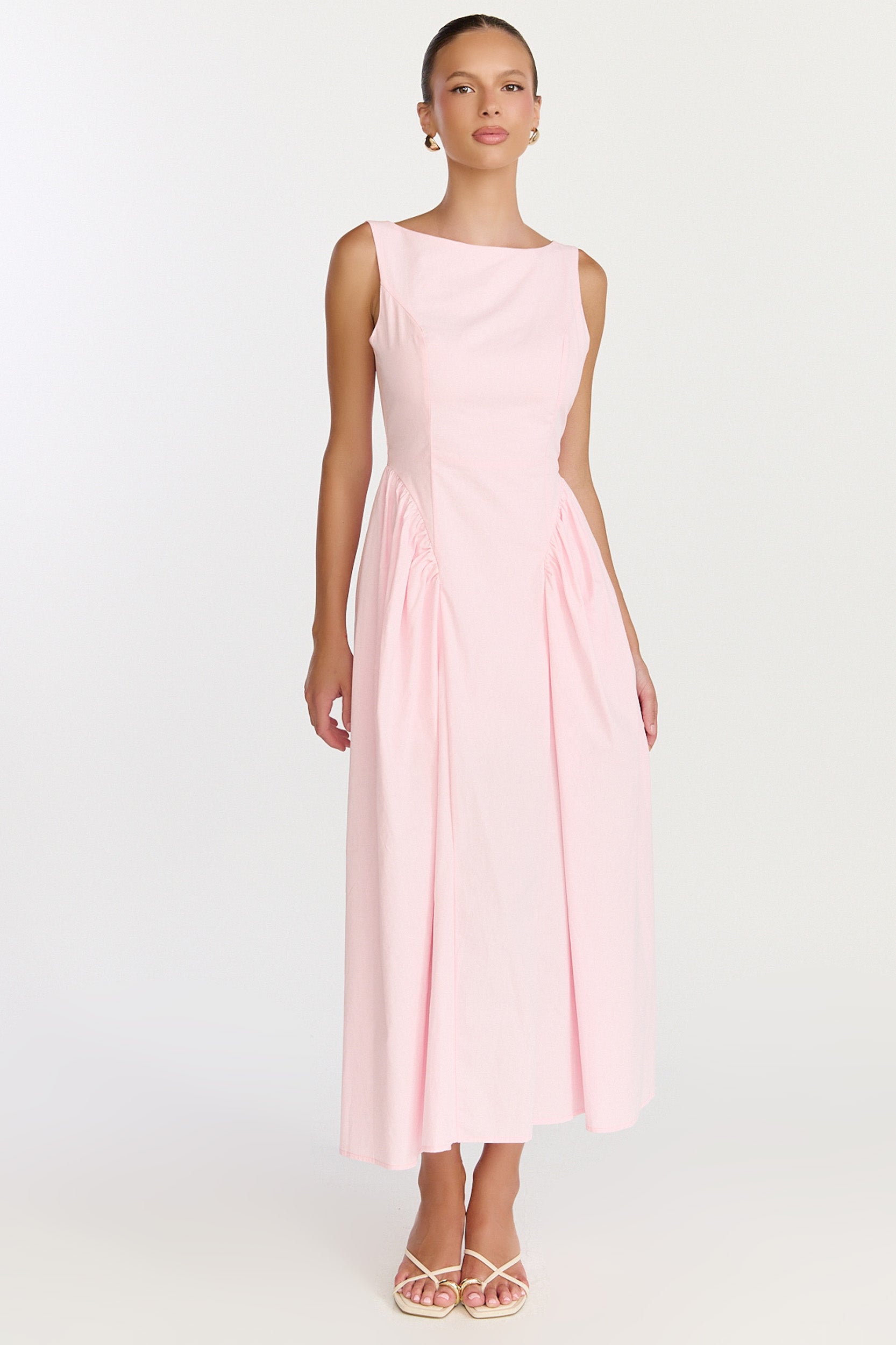 Casina Midi Dress - Boat Neck Tie Back Fit And Flare Dress in Pale Pink