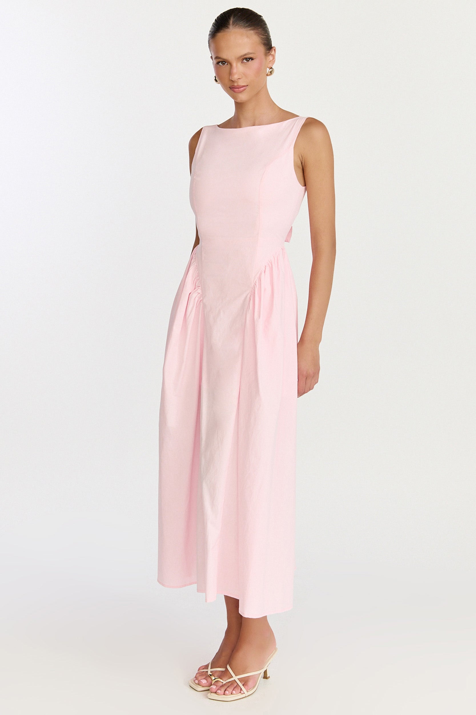 Casina Midi Dress - Boat Neck Tie Back Fit And Flare Dress in Pale Pink