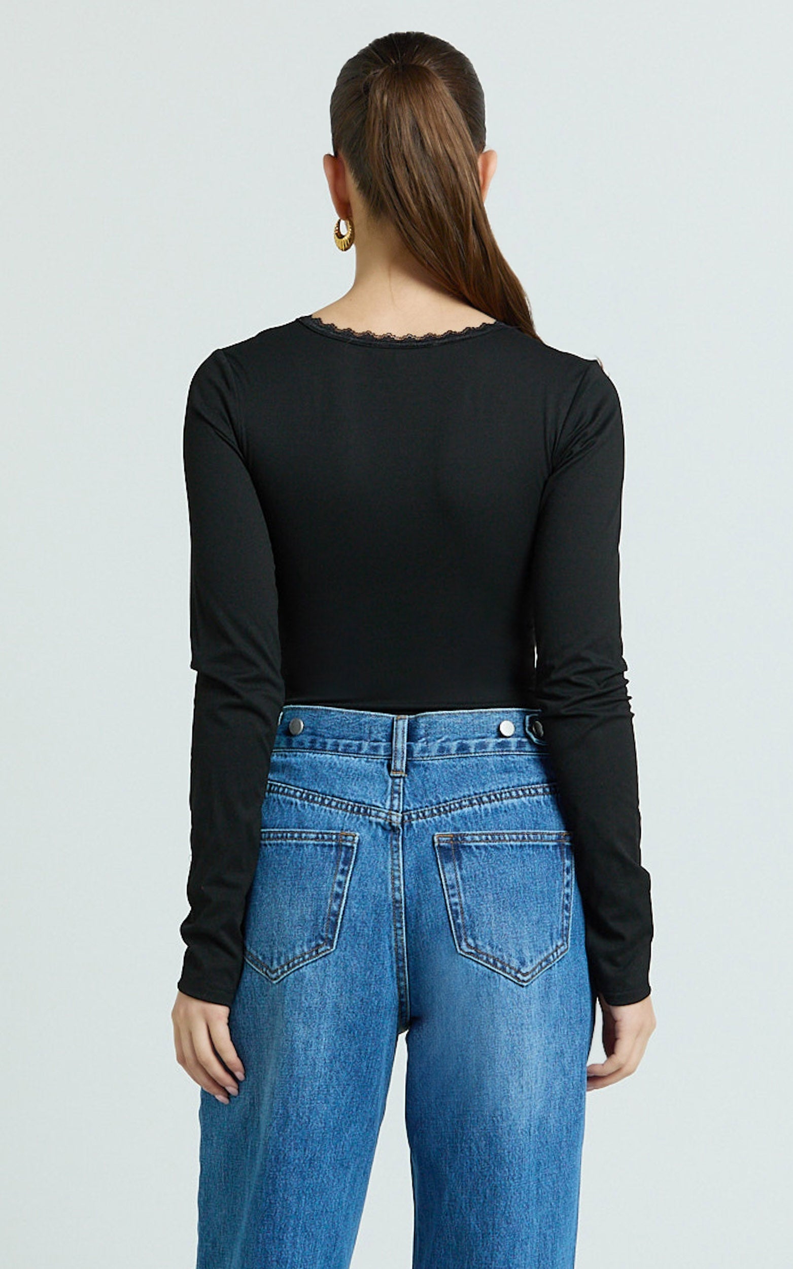 Cassie Bodysuit - Lace Neck Detail Long Sleeve Bodysuit in Black