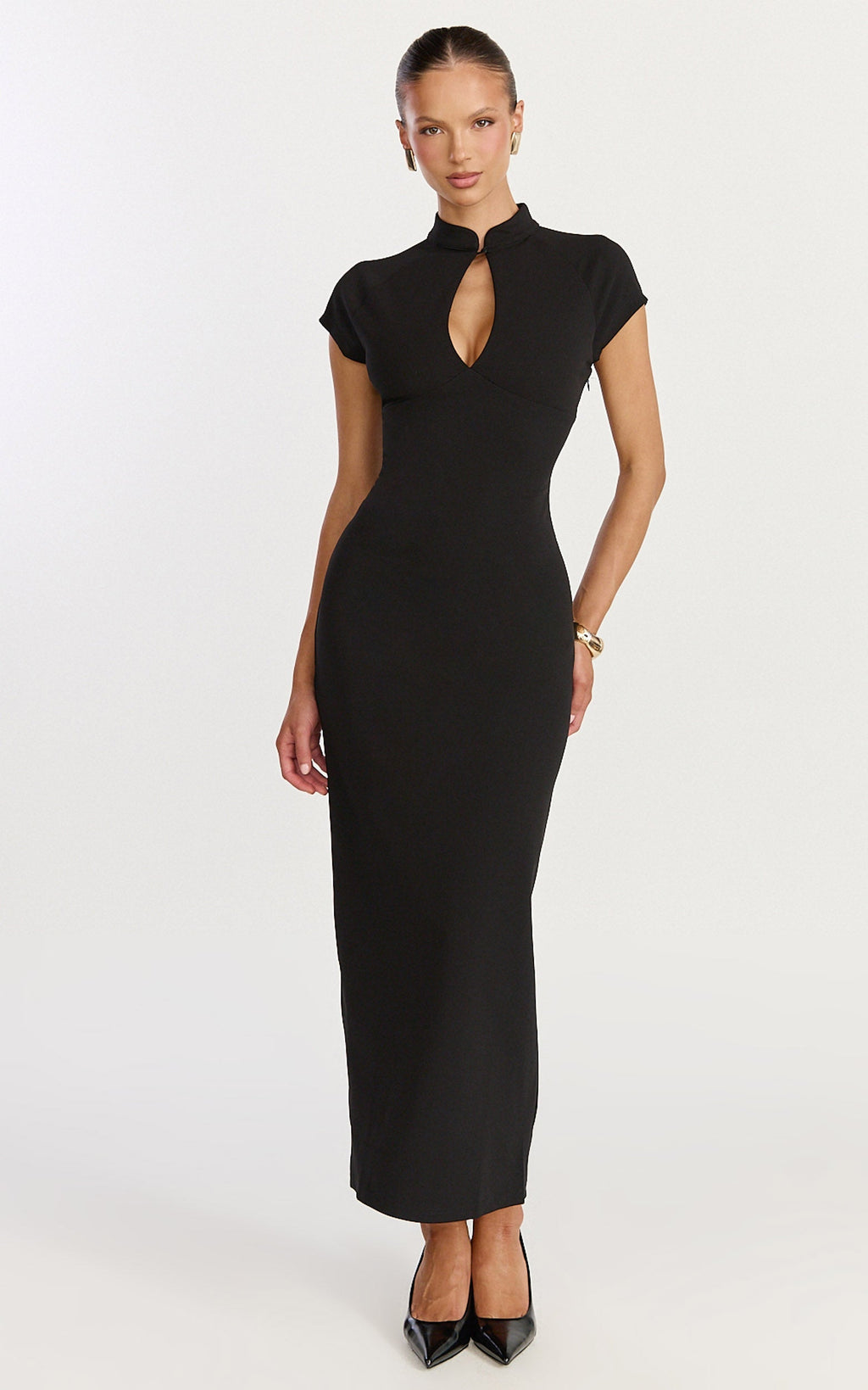Cassienne Midi Dress - High Neck Keyhole Cut Out Bodycon Midi Dress in Black