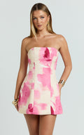 Catharine Mini Dress - Strapless A Line Dress in Electric Bloom - Peach