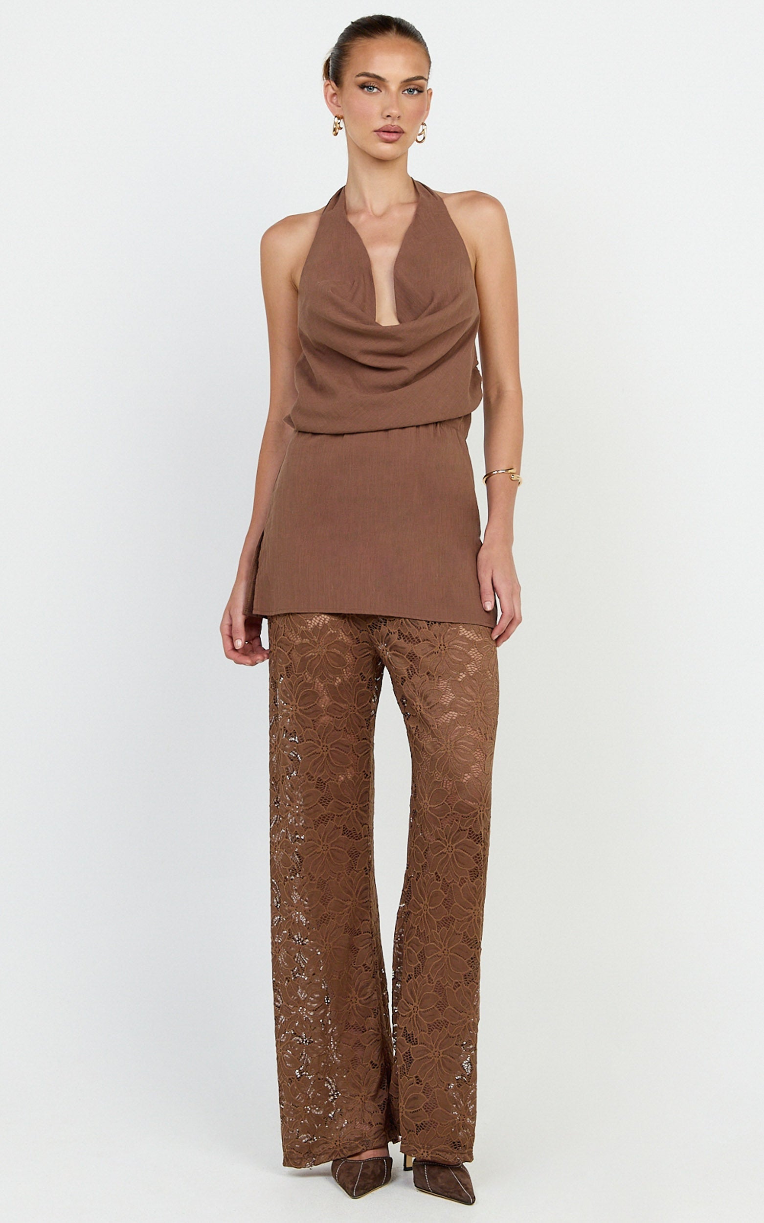 Charlotte Two Piece Set - Cowl Neck Set in Chocolate