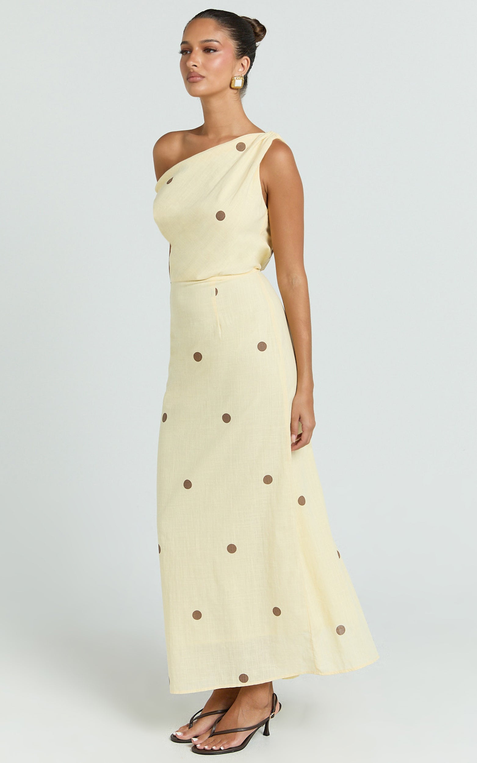 Cia Midi Dress - One Shoulder Dress in Yellow Choc Polka Dot