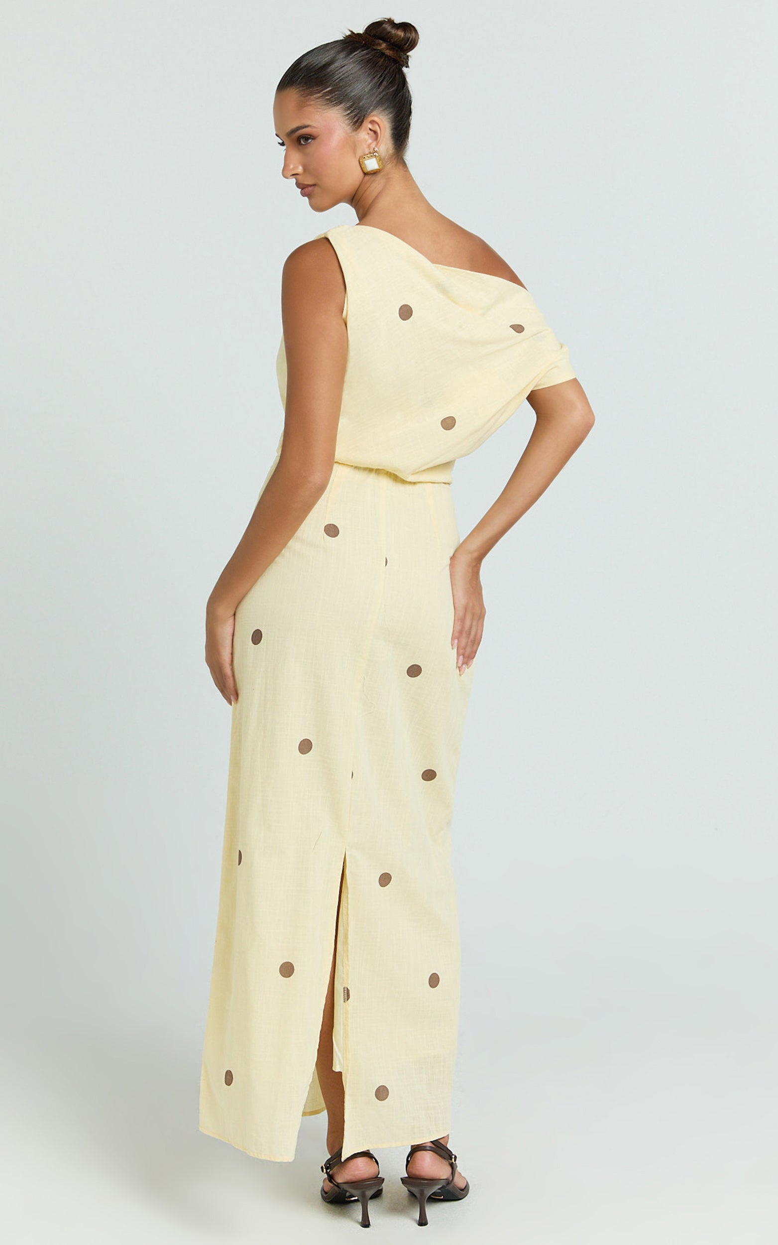 Cia Midi Dress - One Shoulder Dress in Yellow Choc Polka Dot