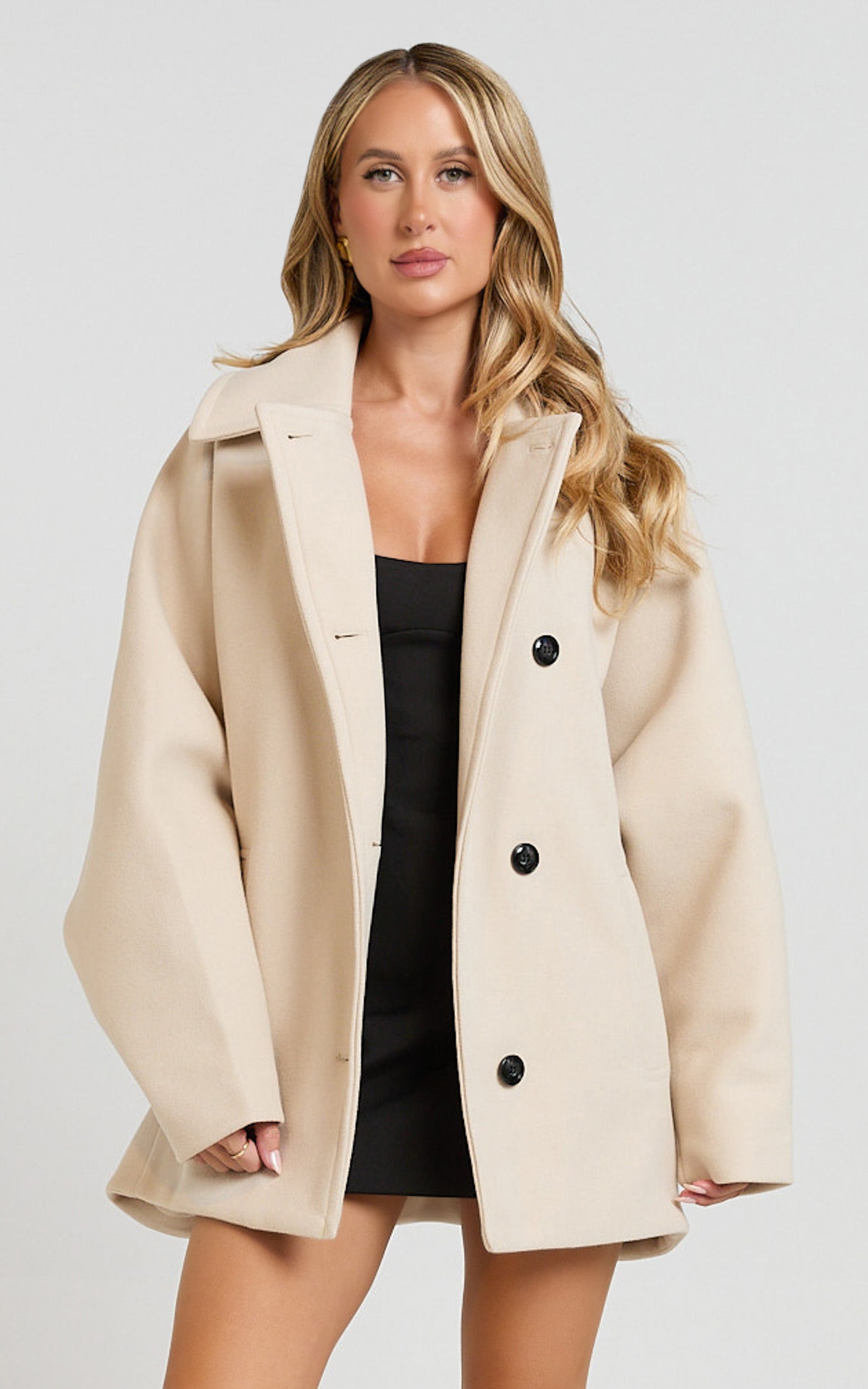 Claudia Coat - Oversized Three-Button Front Closure Coat in Beige
