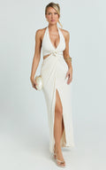 Cleo Maxi Dress - Halter Neck Floral Trim Cut Out Fitted Dress in Ivory