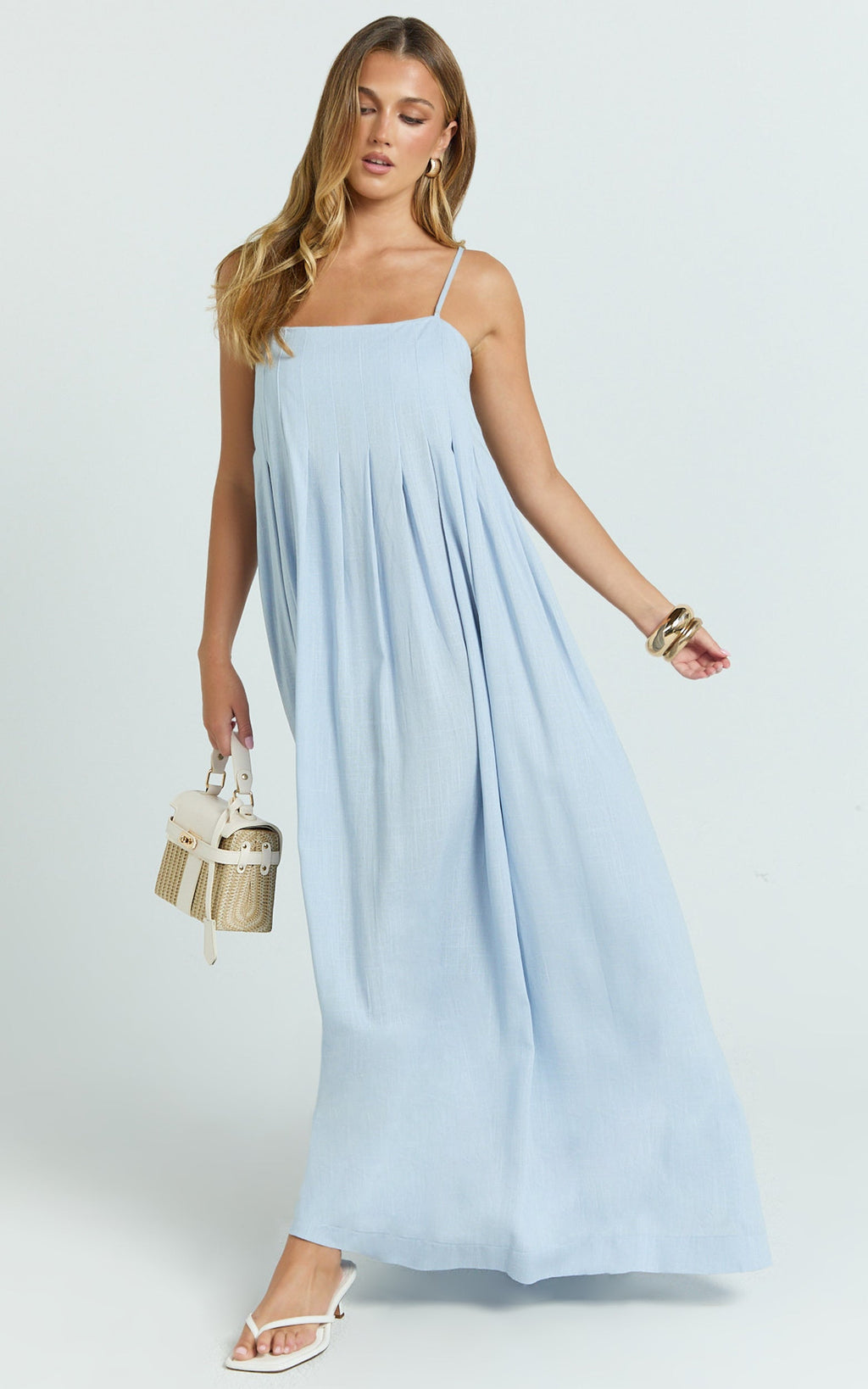 Cloe Maxi Dress - Pleated Detail Dress in Blue