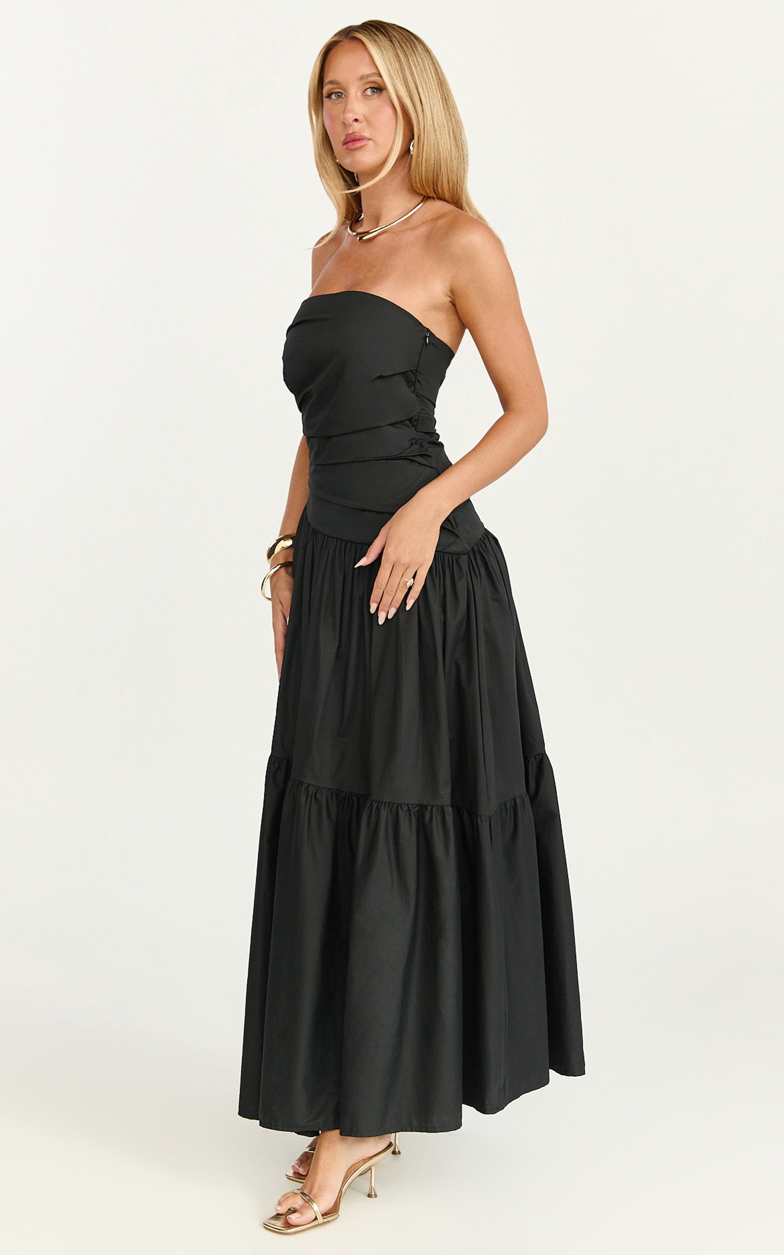 Cora Midi Dress - Strapless Dress in Black
