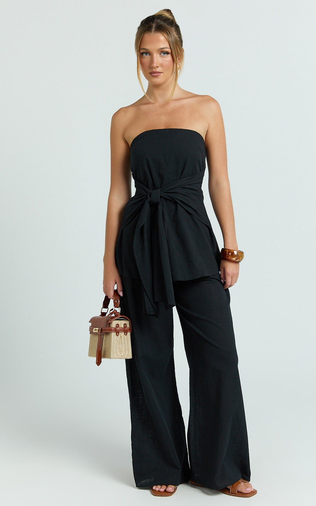 Cora Paige Two Piece Set - Strapless Tie Detail Top and Wide Leg Pant Set in Black