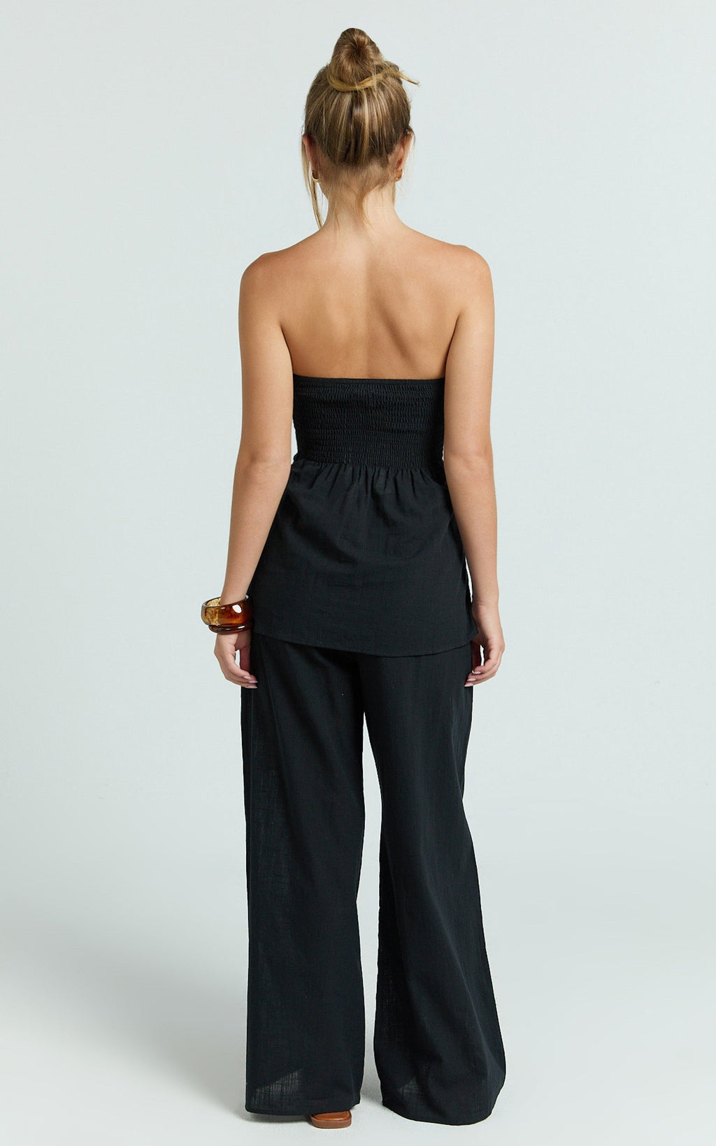 Cora Paige Two Piece Set - Strapless Tie Detail Top and Wide Leg Pant Set in Black