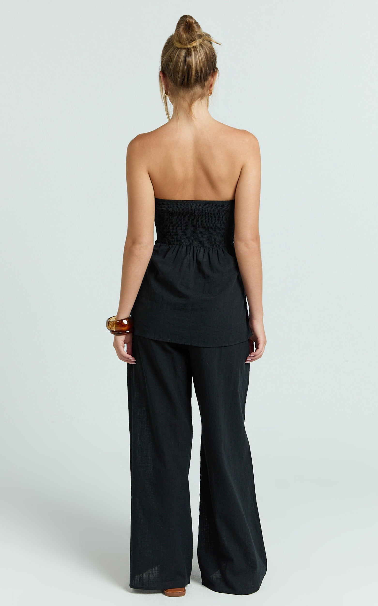 Cora Paige Two Piece Set - Strapless Tie Detail Top and Wide Leg Pant Set in Black