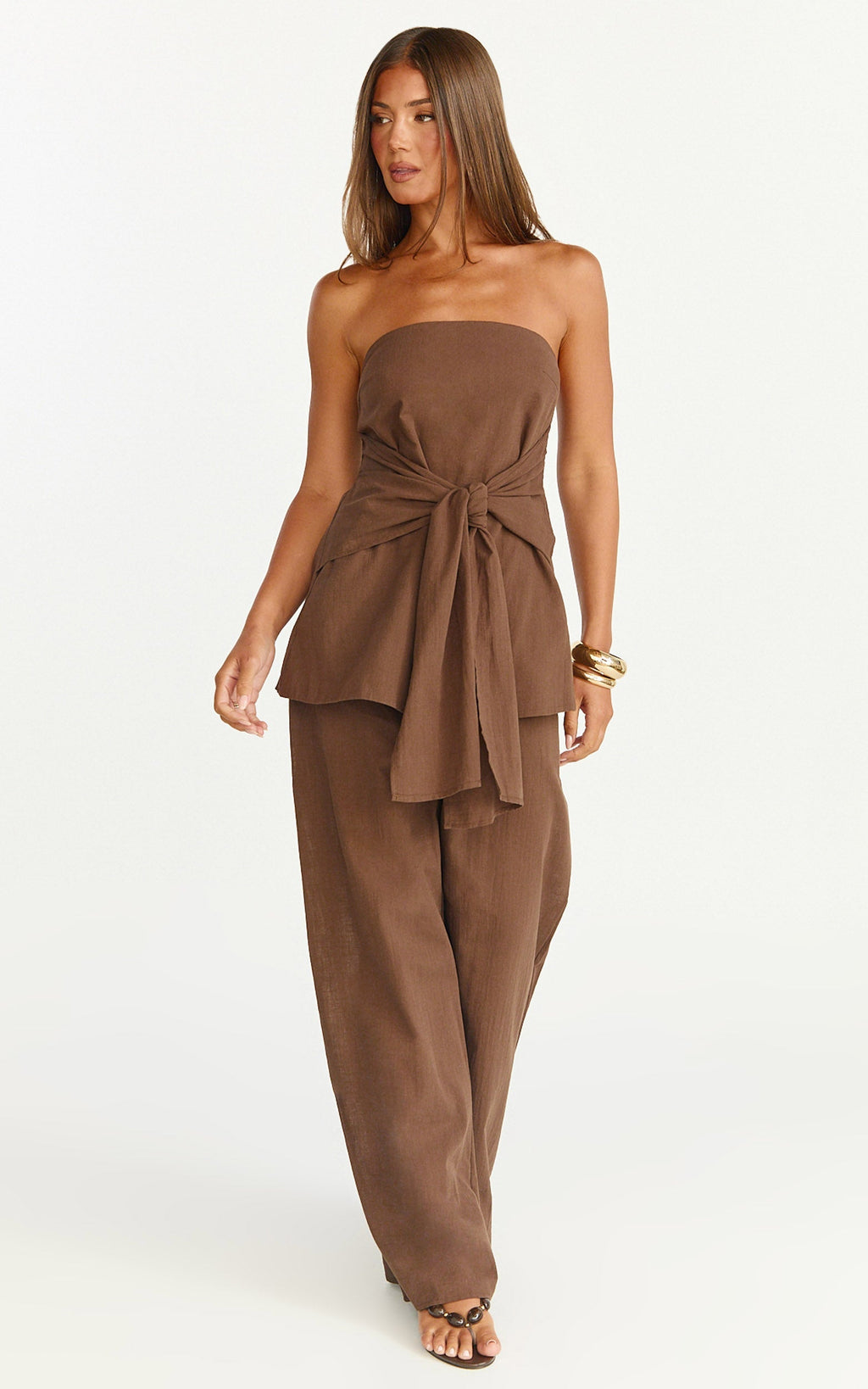 Cora Paige Two Piece Set - Strapless Tie Detail Top and Wide Leg Pant Set in Chocolate