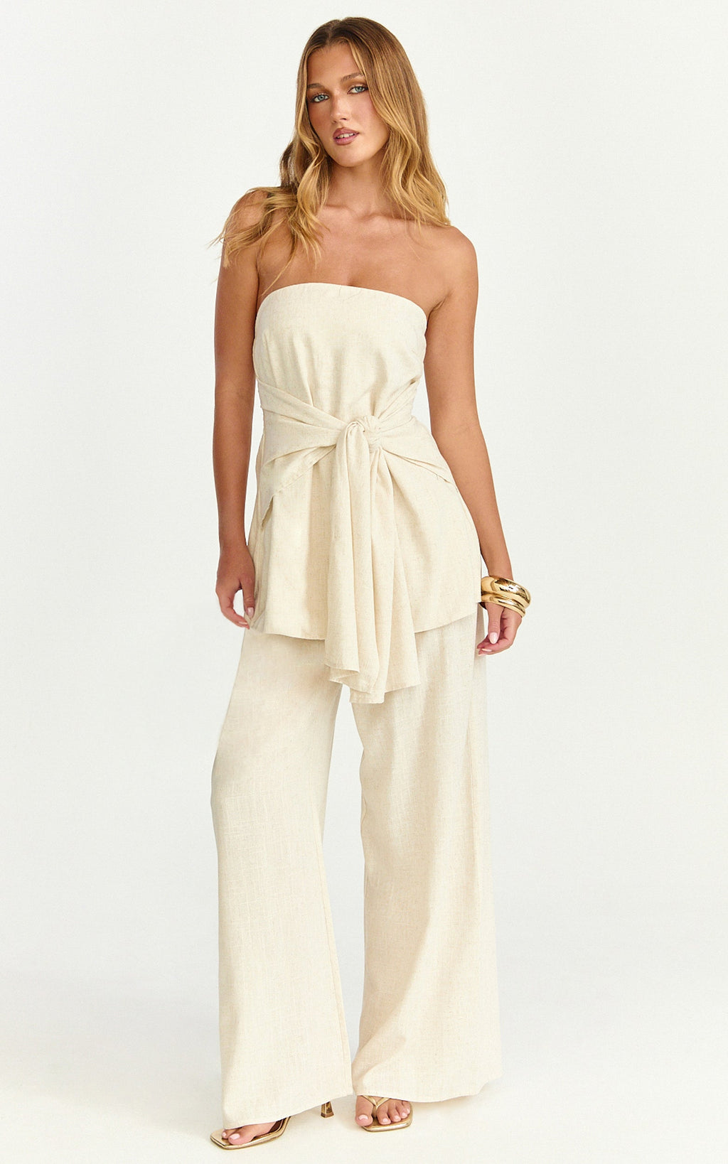 Cora Paige Two Piece Set - Strapless Tie Detail Top and Wide Leg Pant Set in Cream