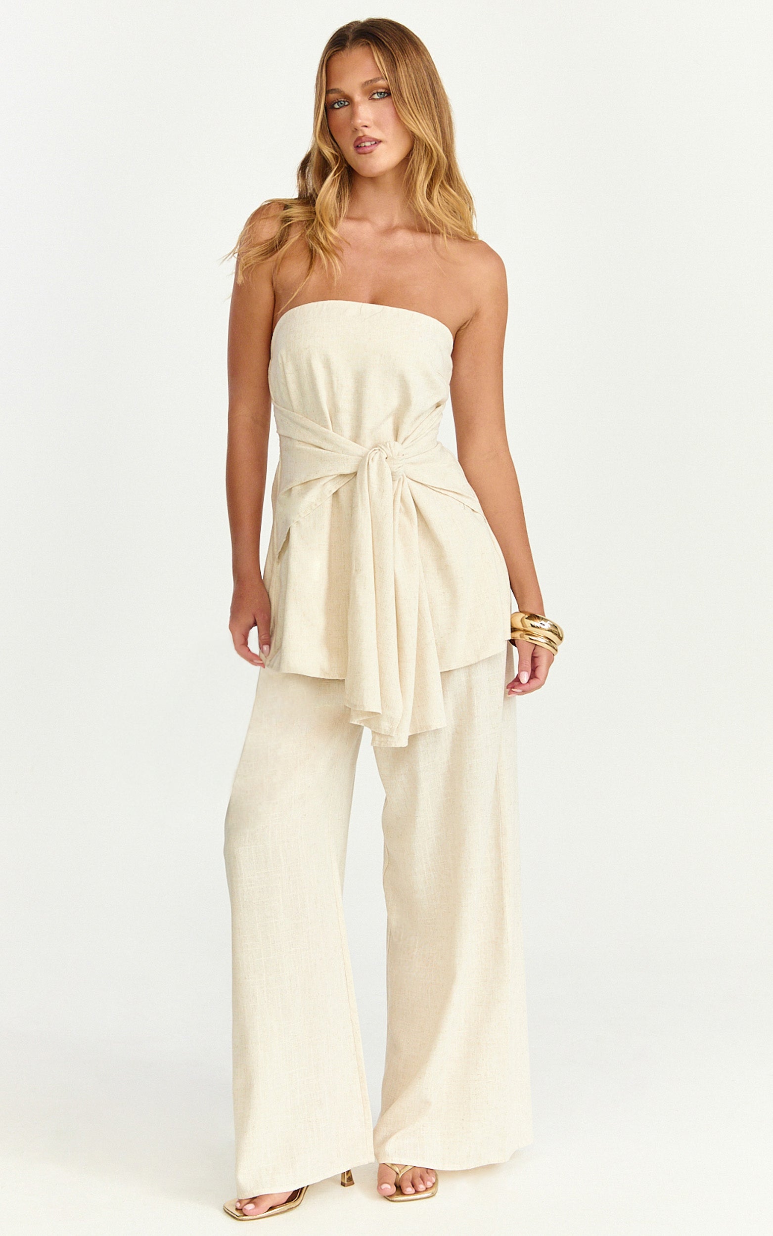 Cora Paige Two Piece Set - Strapless Tie Detail Top and Wide Leg Pant Set in Cream