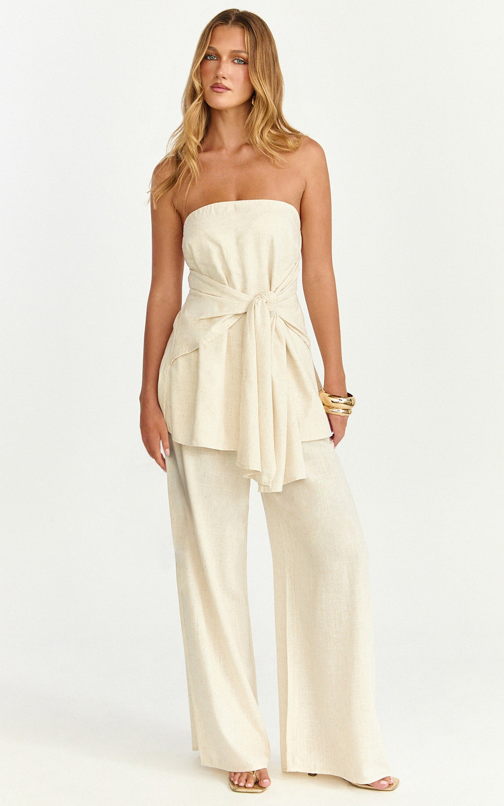 Cora Paige Two Piece Set - Strapless Tie Detail Top and Wide Leg Pant Set in Cream