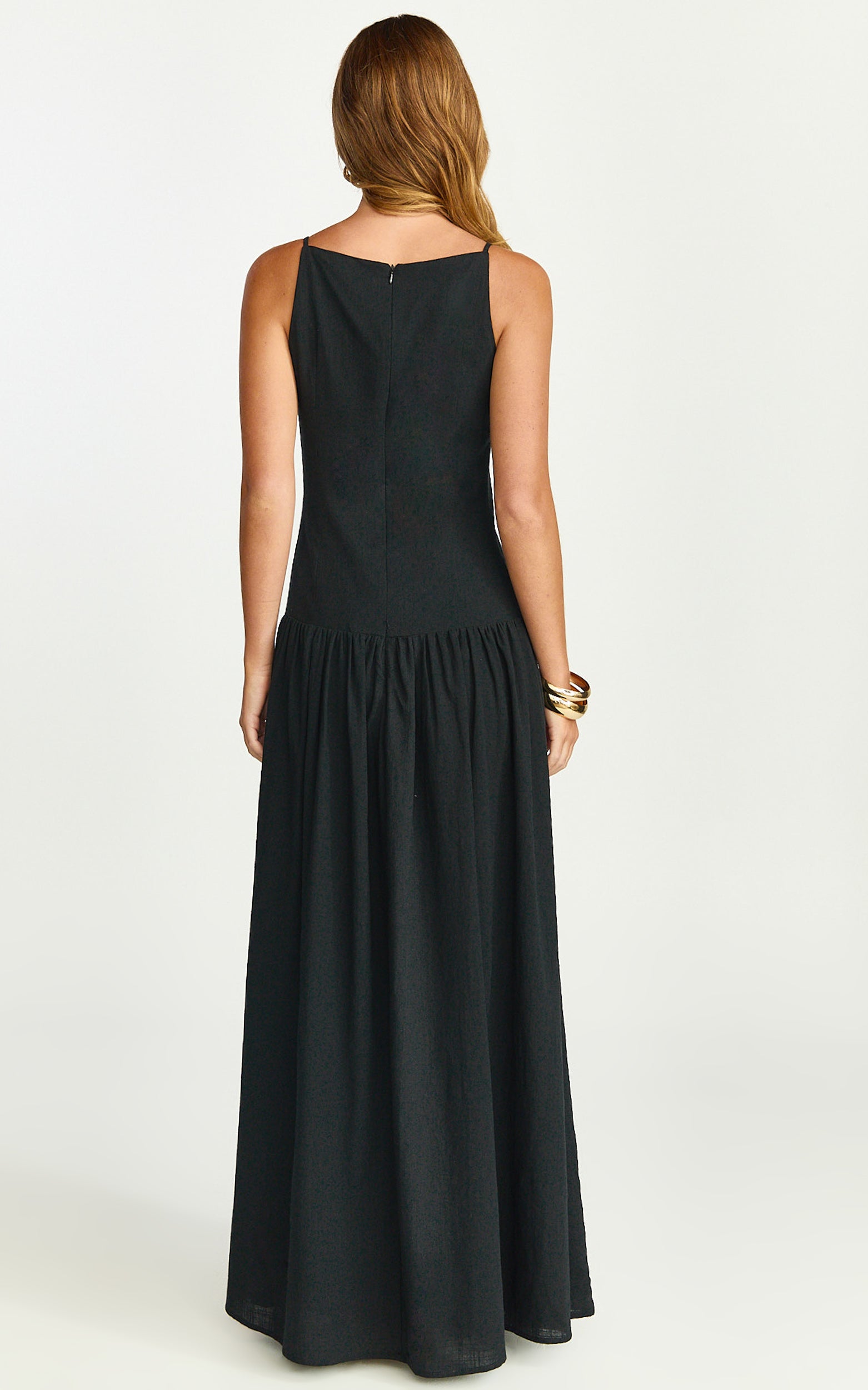 Cortez Maxi Dress - Square Neck Button Down Dropped Waist Dress in Black