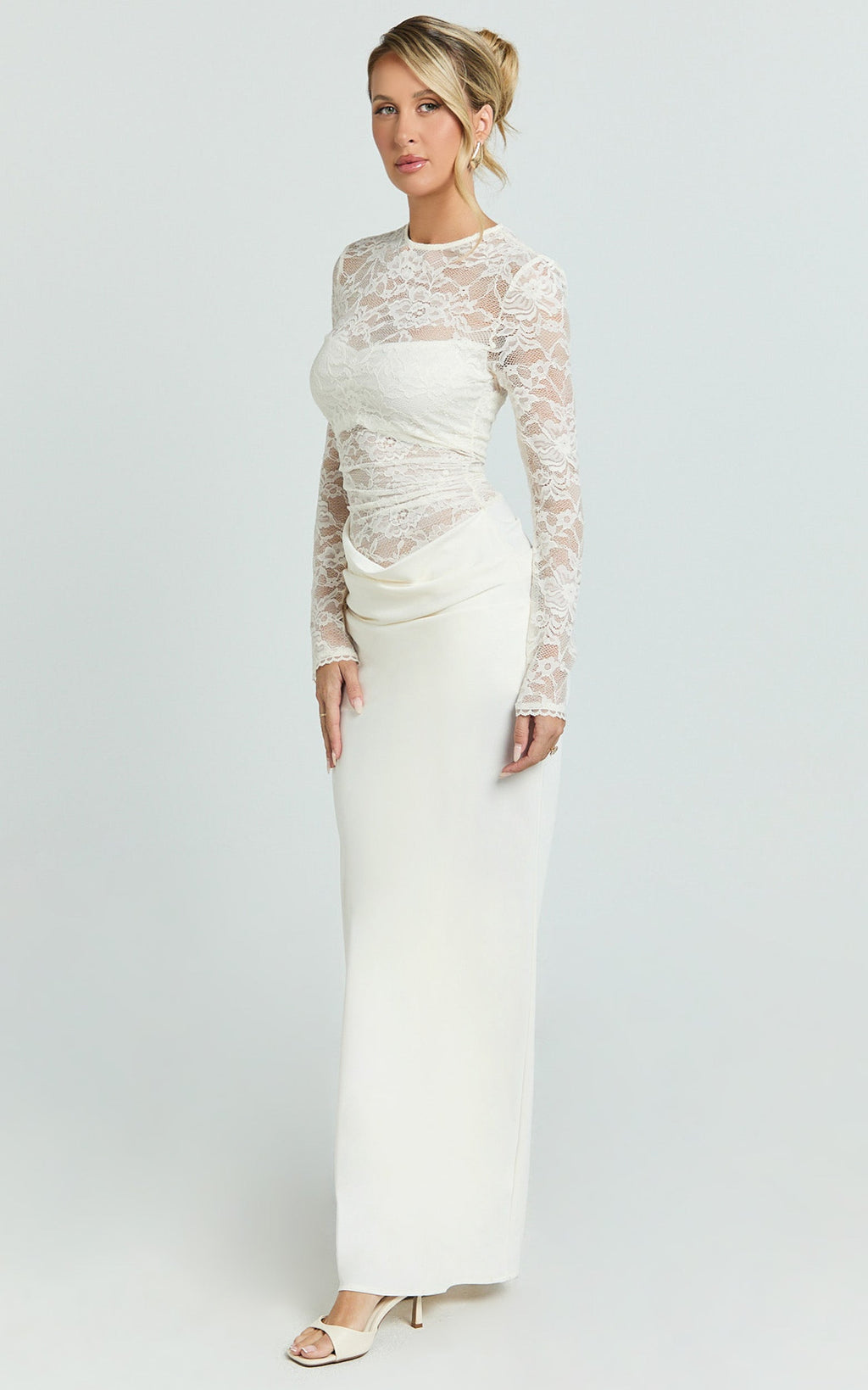 Crisanta Maxi Dress - Long Sleeve Contrast Lace Bodycon Dress in Ivory