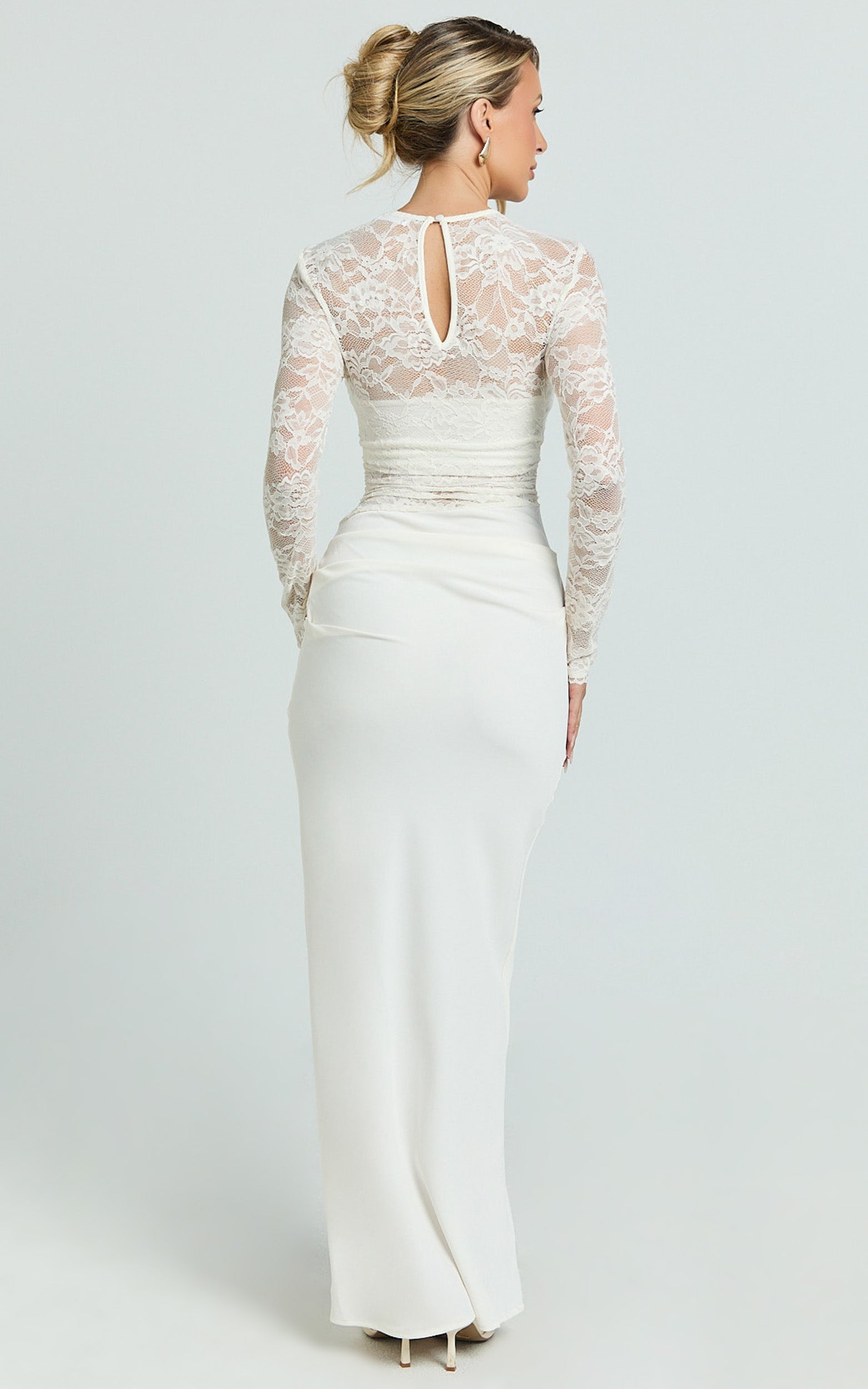 Crisanta Maxi Dress - Long Sleeve Contrast Lace Bodycon Dress in Ivory