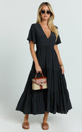Cryzel Midi Dress - Flutter Sleeve Tiered Dress in Black