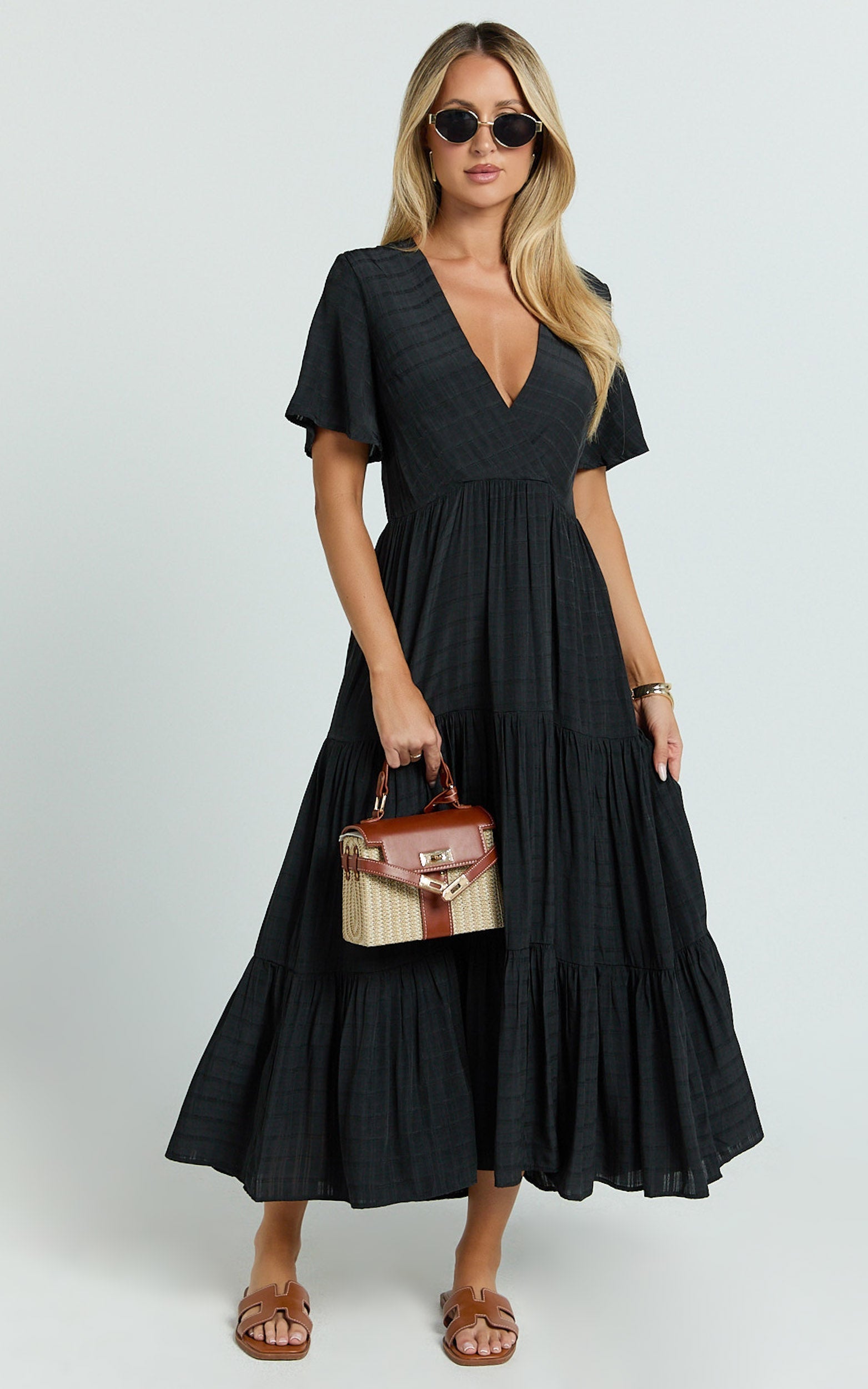 Cryzel Midi Dress - Flutter Sleeve Tiered Dress in Black