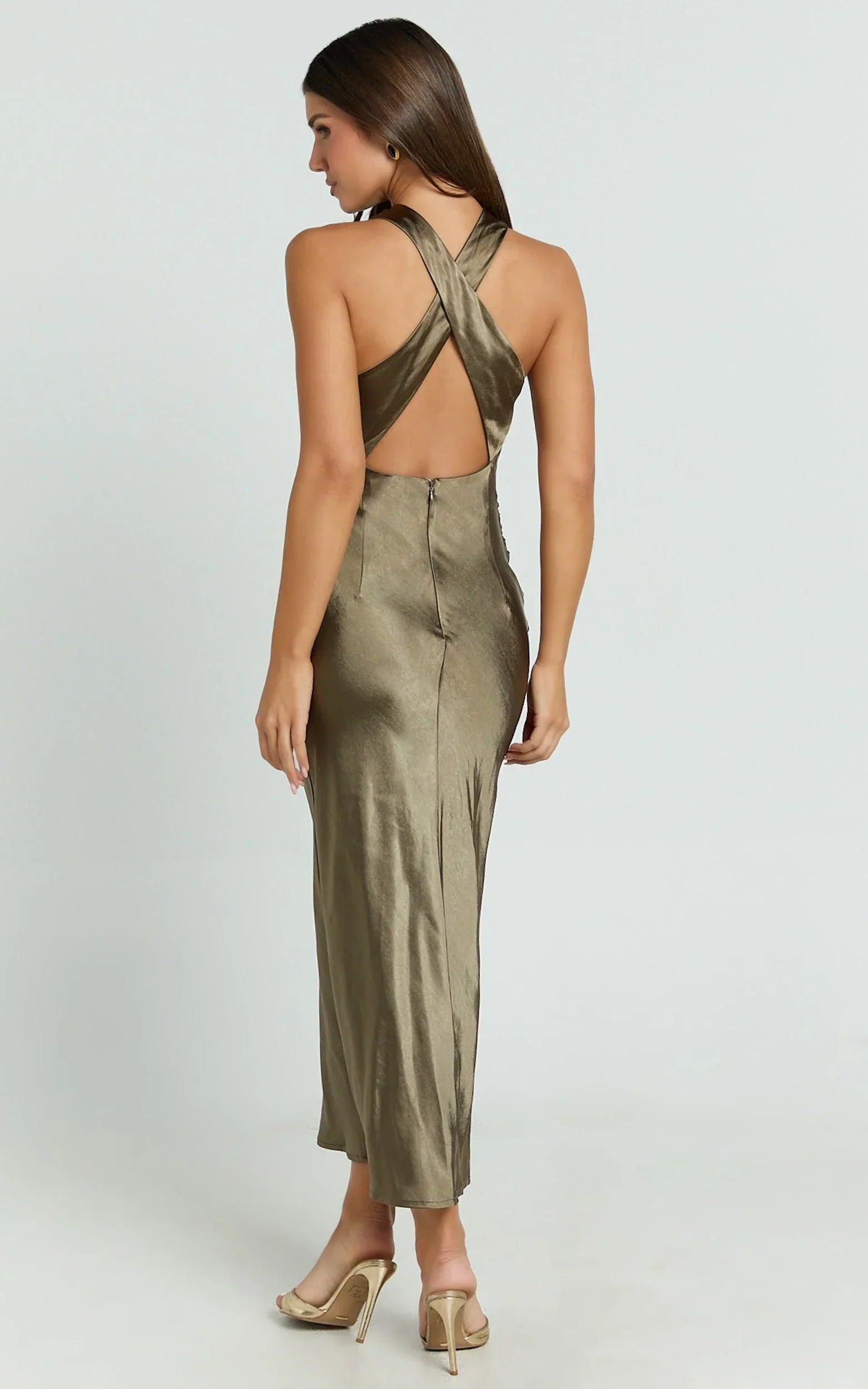 Aluna Midi Dress - High Neck Cross Back Satin Slip Dress in Olive