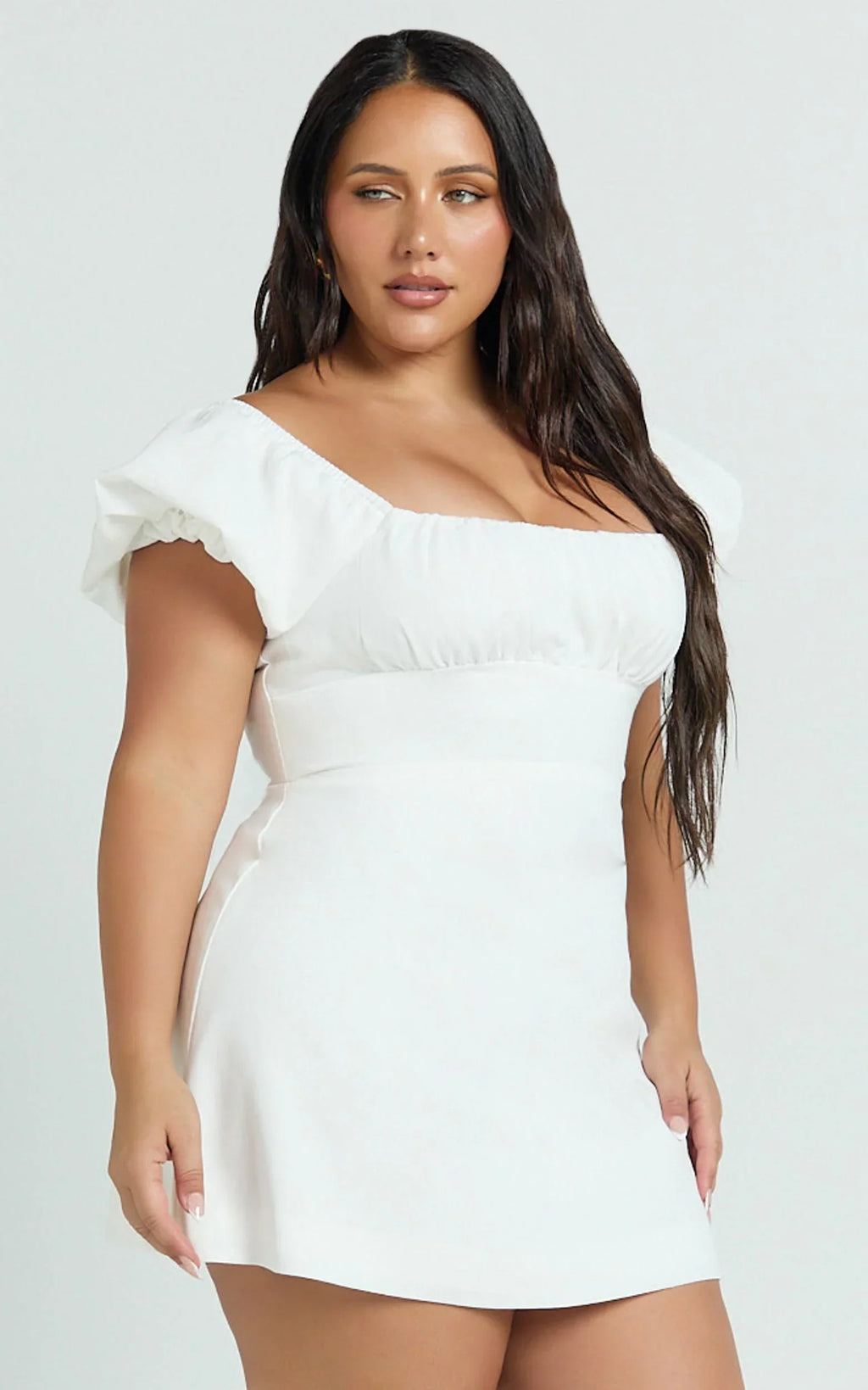 Ginny Mini Dress - Square Neck Ruched Bodice Puff Sleeve Straight Dress in White