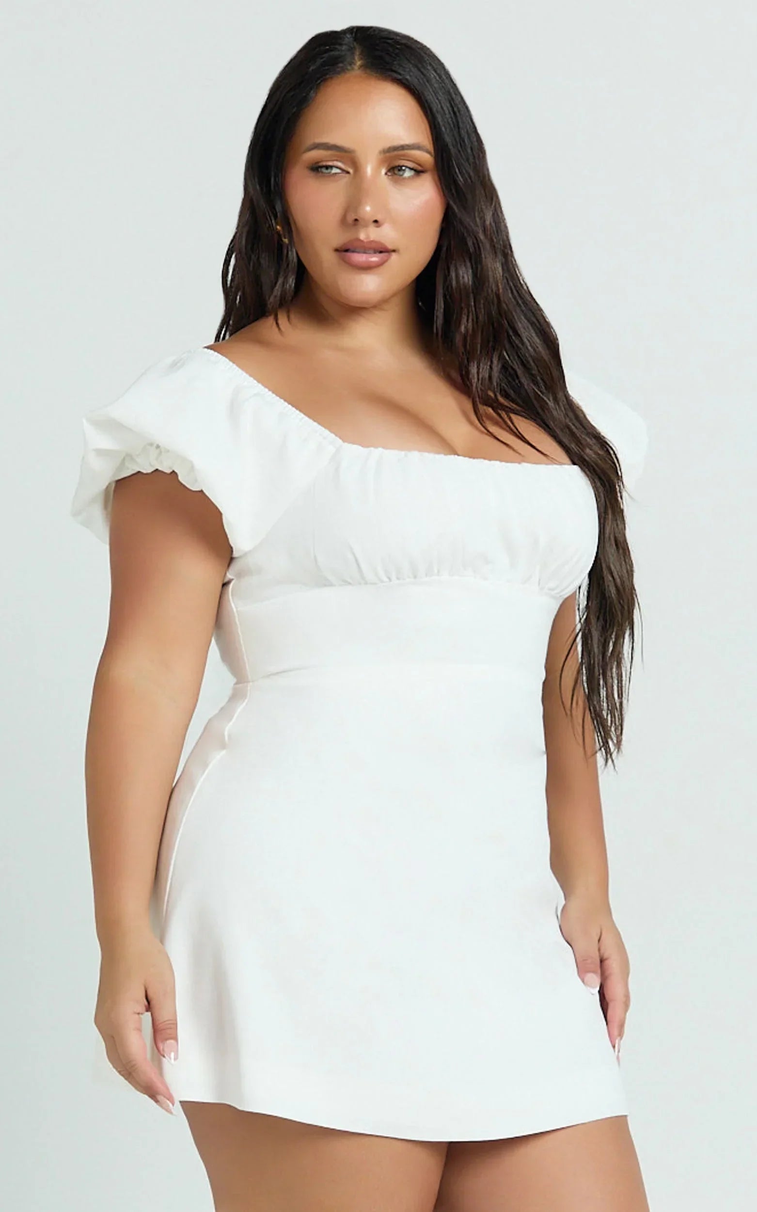 Ginny Mini Dress - Square Neck Ruched Bodice Puff Sleeve Straight Dress in White